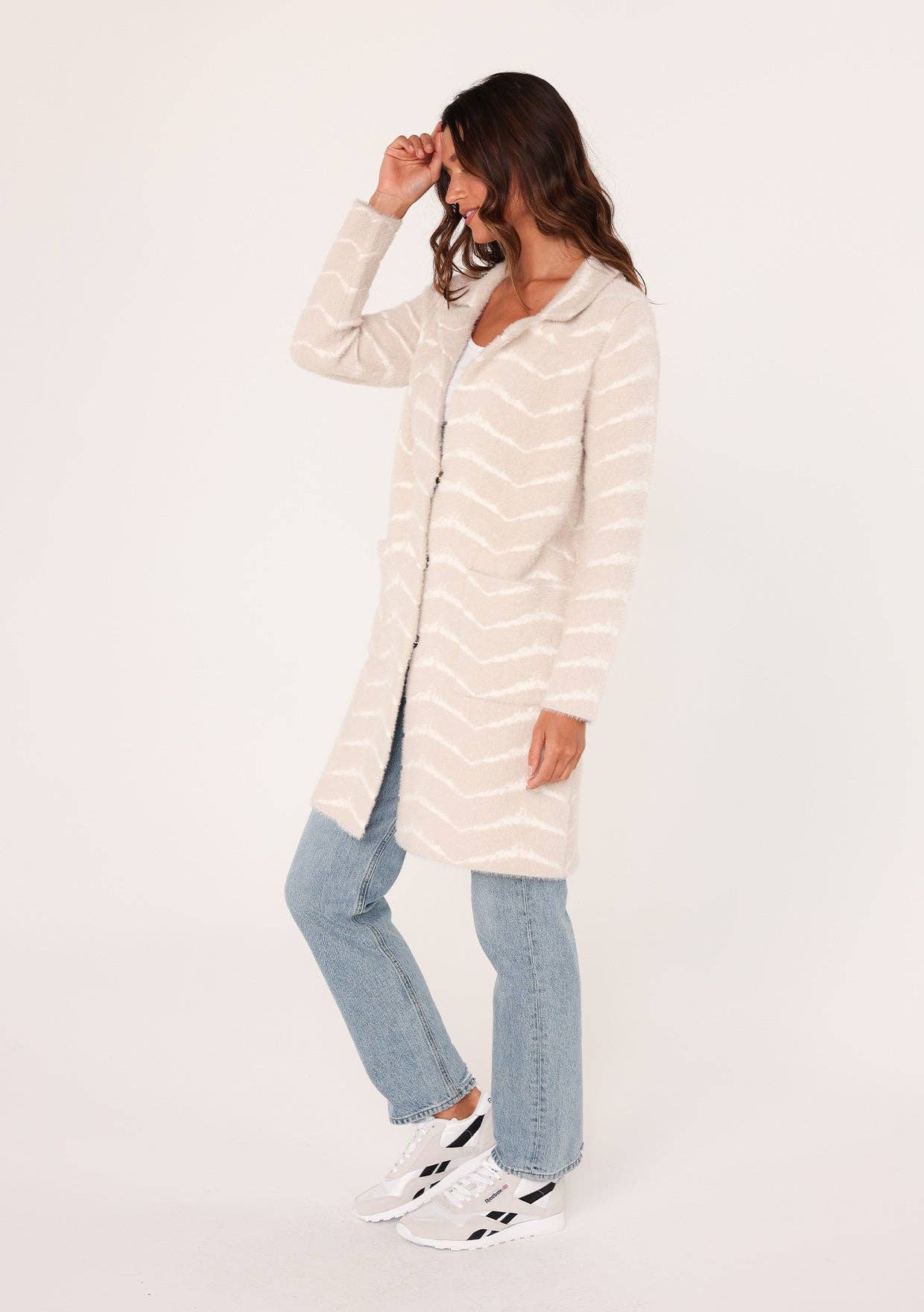 Fuzzy Chevron Jacquard Button Front Cardigan