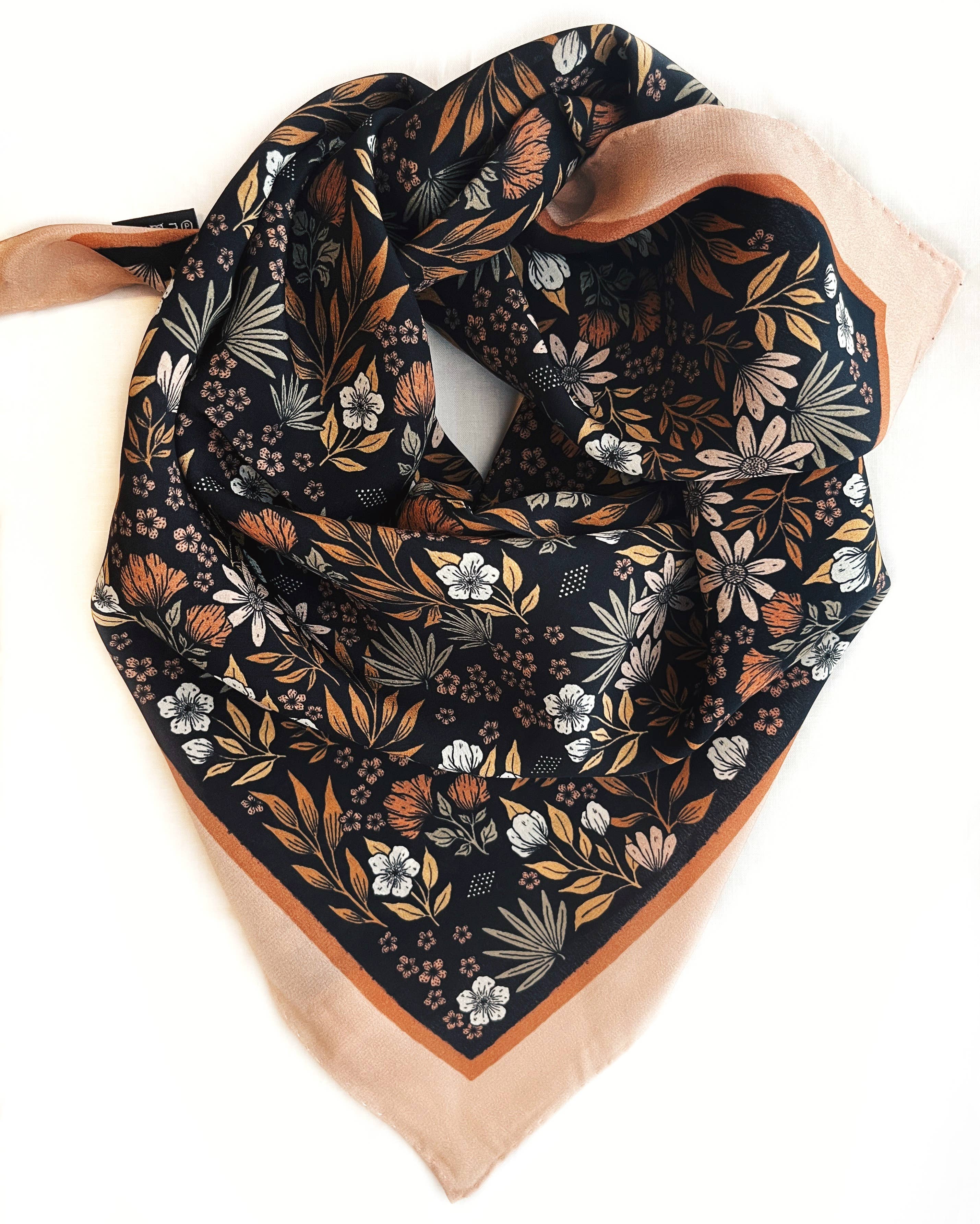 100% Silk Bandana Scarf -Midnight Garden Floral Western Wear