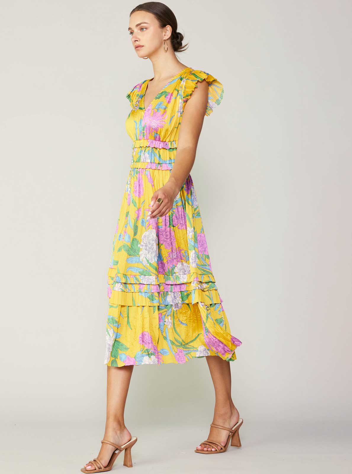 Multi Floral Print Pleated Midi Dress
