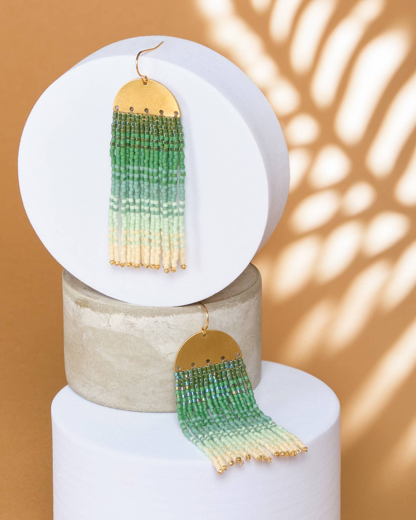 Beaded Handwoven Ombre Fringe Earrings (Green)