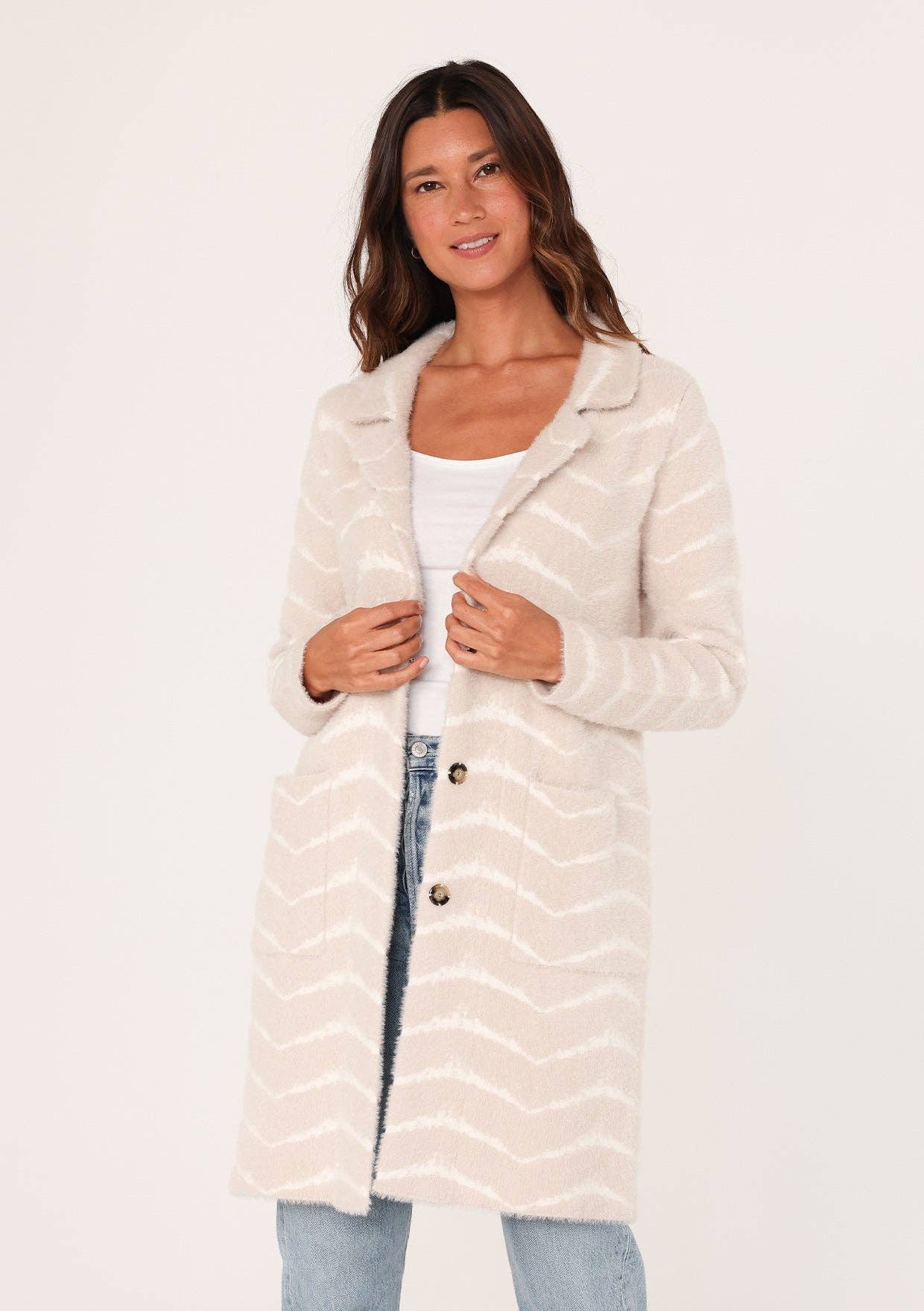 Fuzzy Chevron Jacquard Button Front Cardigan