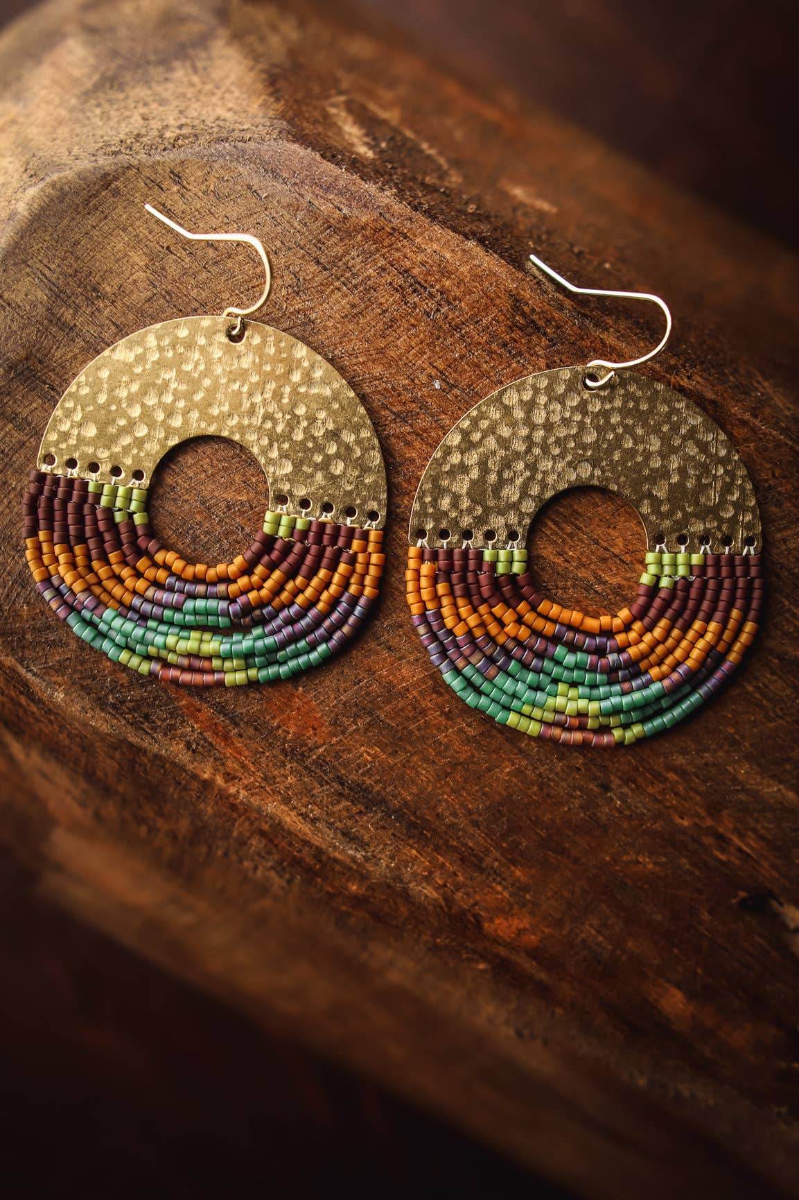 Beaded Handwoven Organic Circular Fringe Earrings (Green)