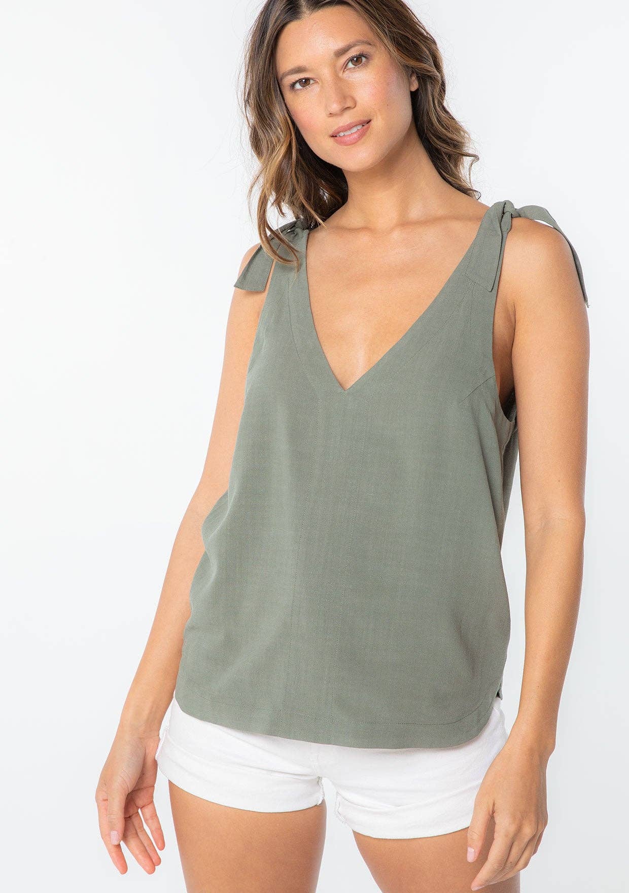 Linen Blend Double V Neck Tank Top
