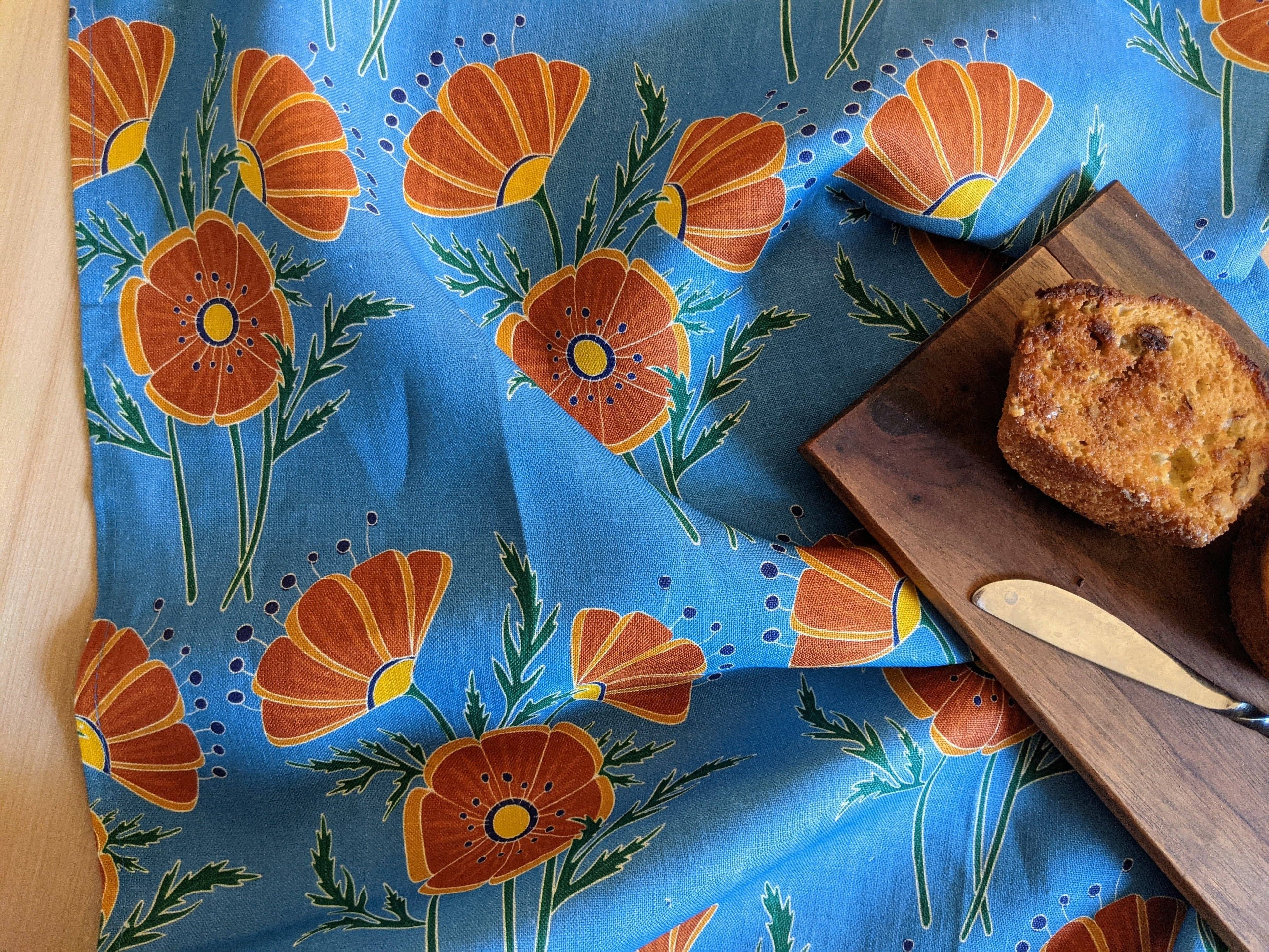 Orange Poppies on Blue Tea Towel