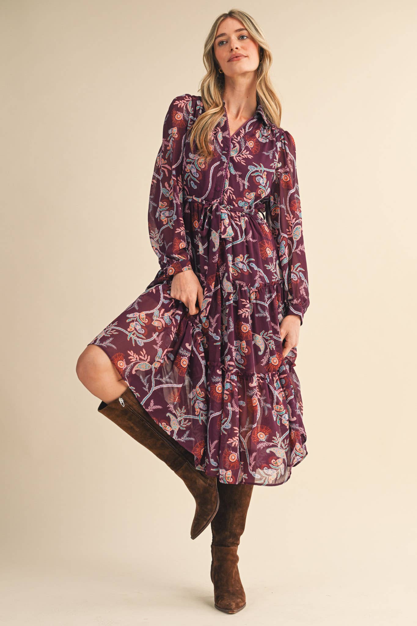 Paisley Print Ruffle Tiered Midi Dress