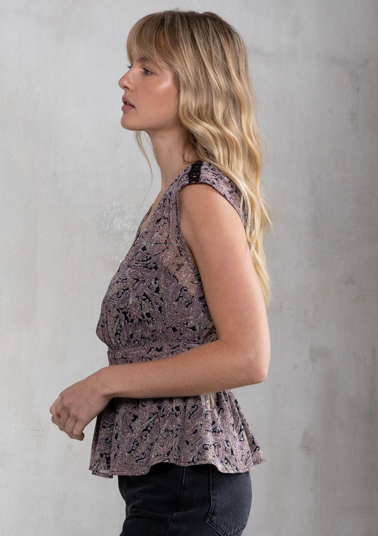 Sheer Paisley Print Cap Sleeve Peplum Blouse