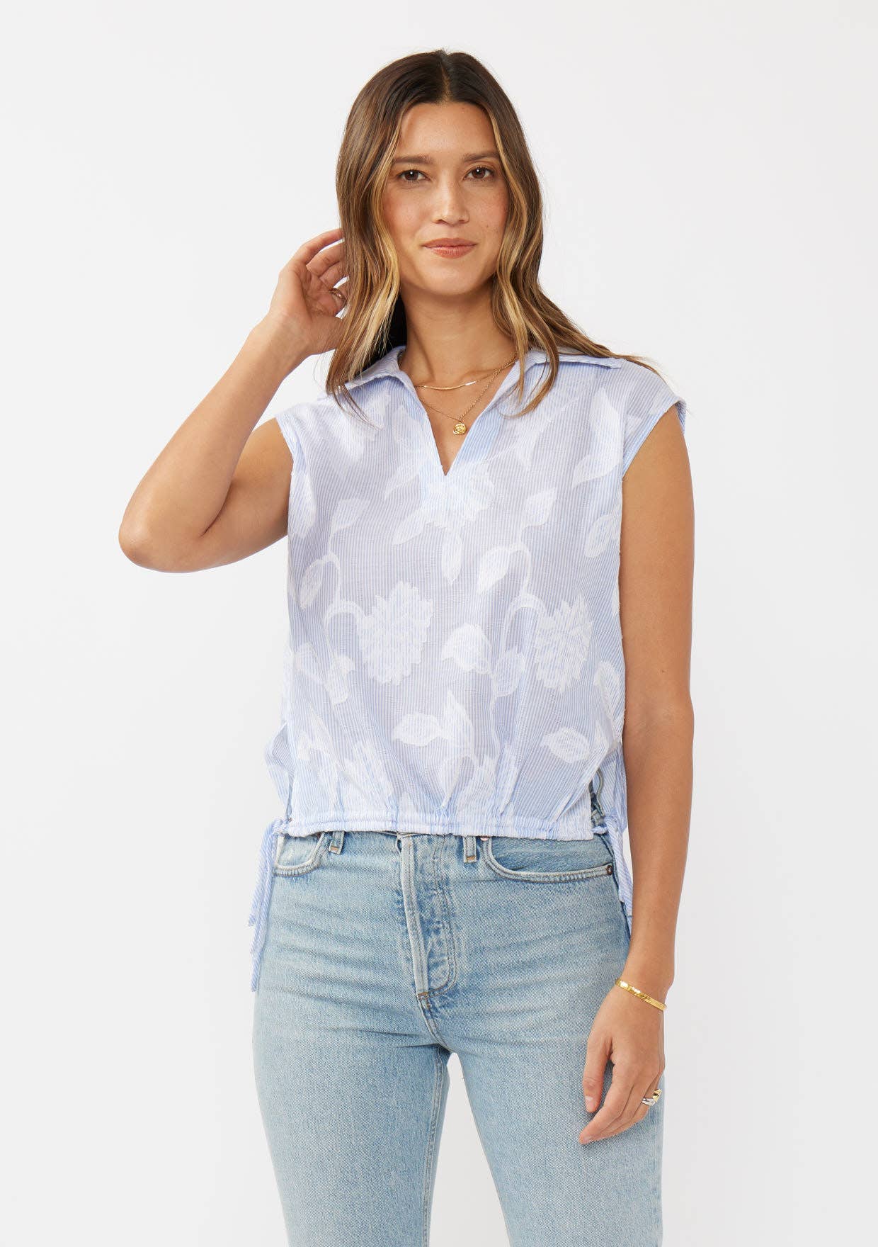 Striped Cotton V-Neck Sleeveless Blouse