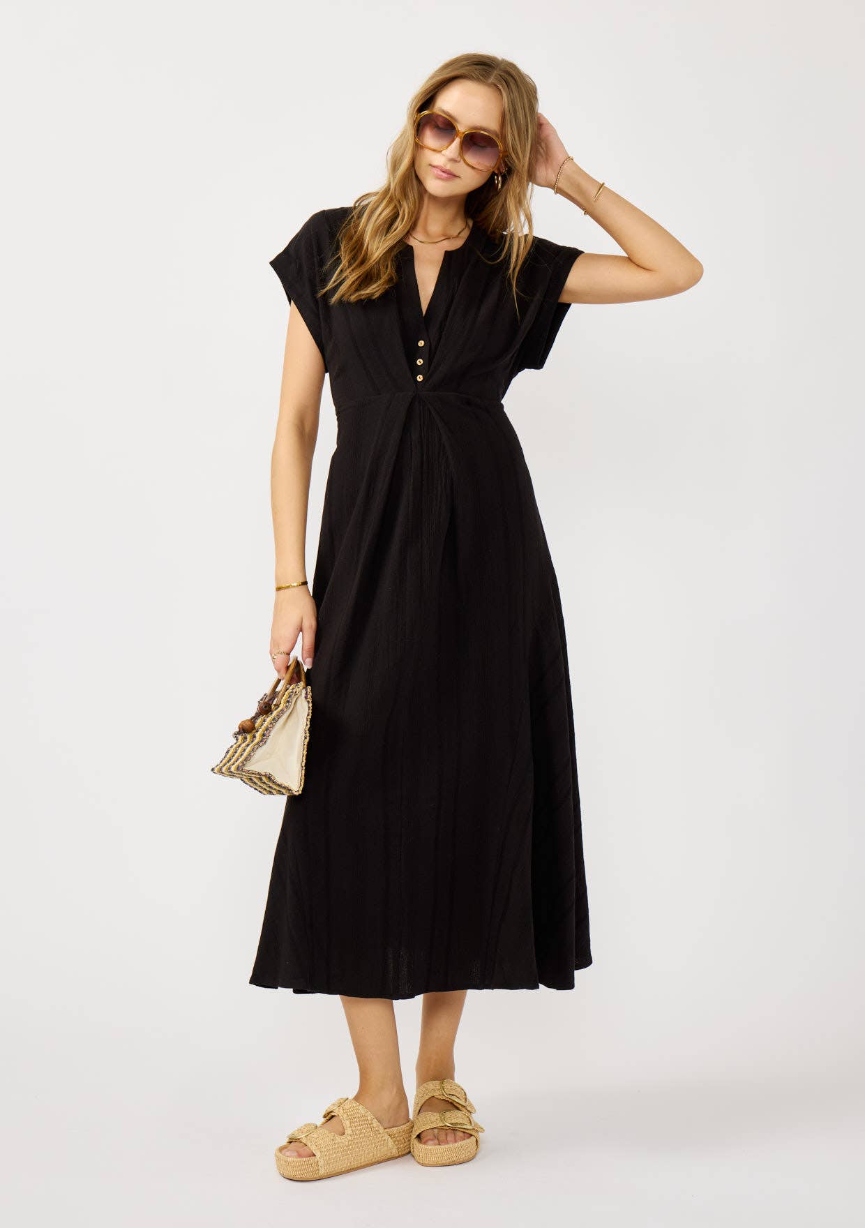 Pleated Panel Button Front Midi Dress