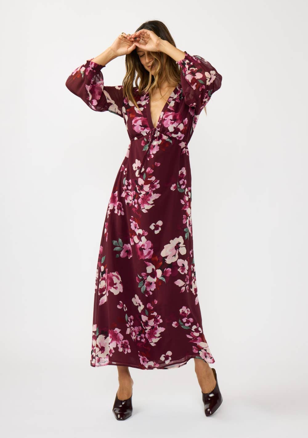 Floral V-Neck Drawstring Waist Maxi Dress