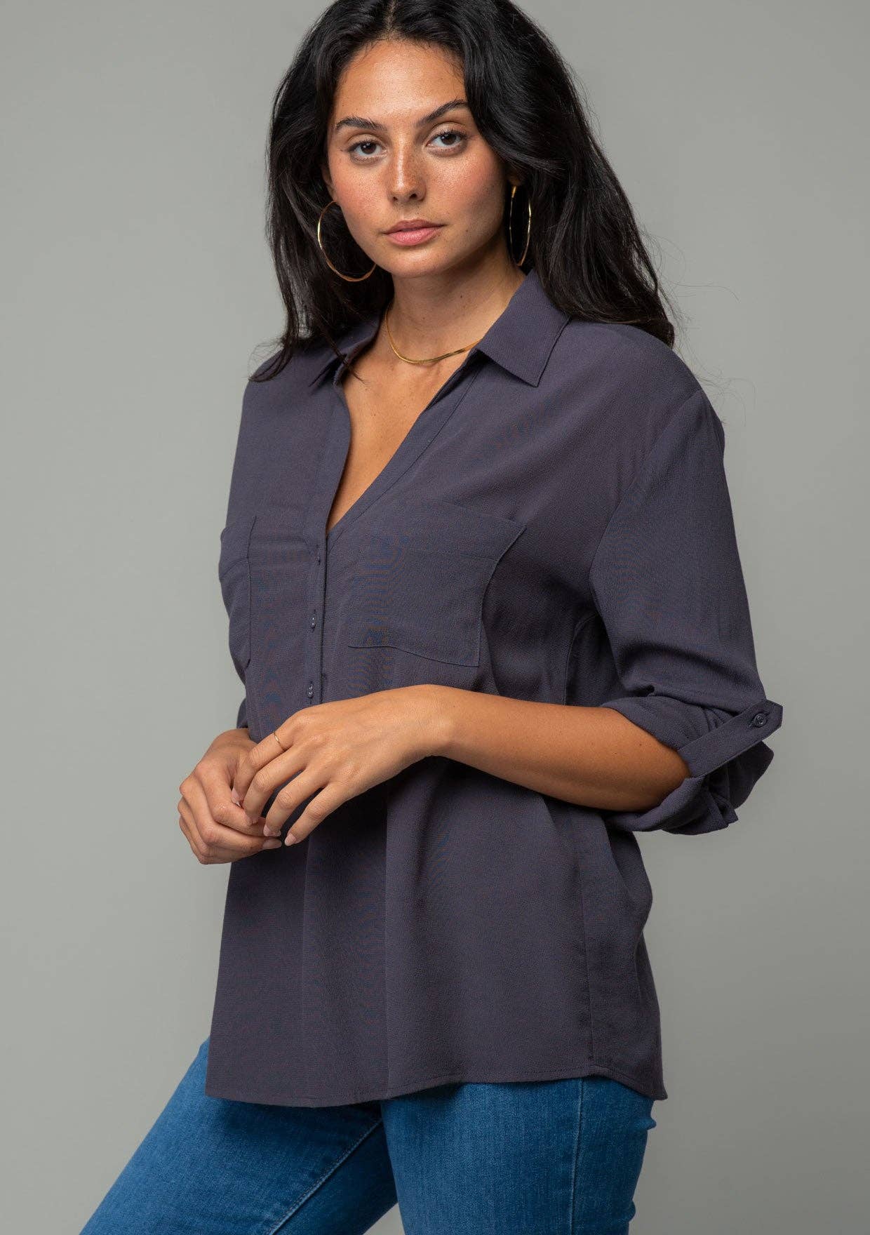 Collared Roll-Up Long Sleeve Button Front Blouse