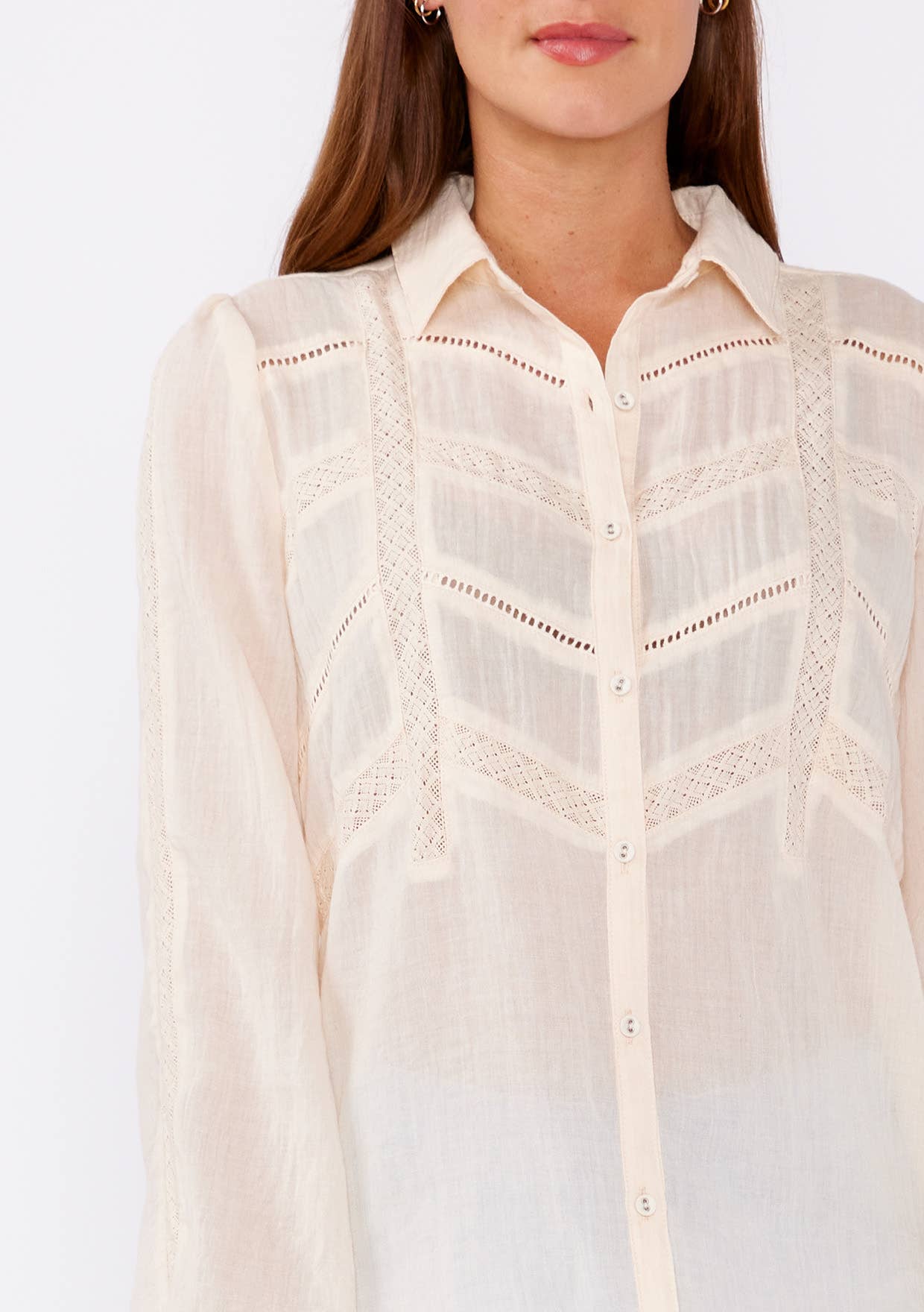 Crinkled Lace Long Sleeve Button Down Blouse