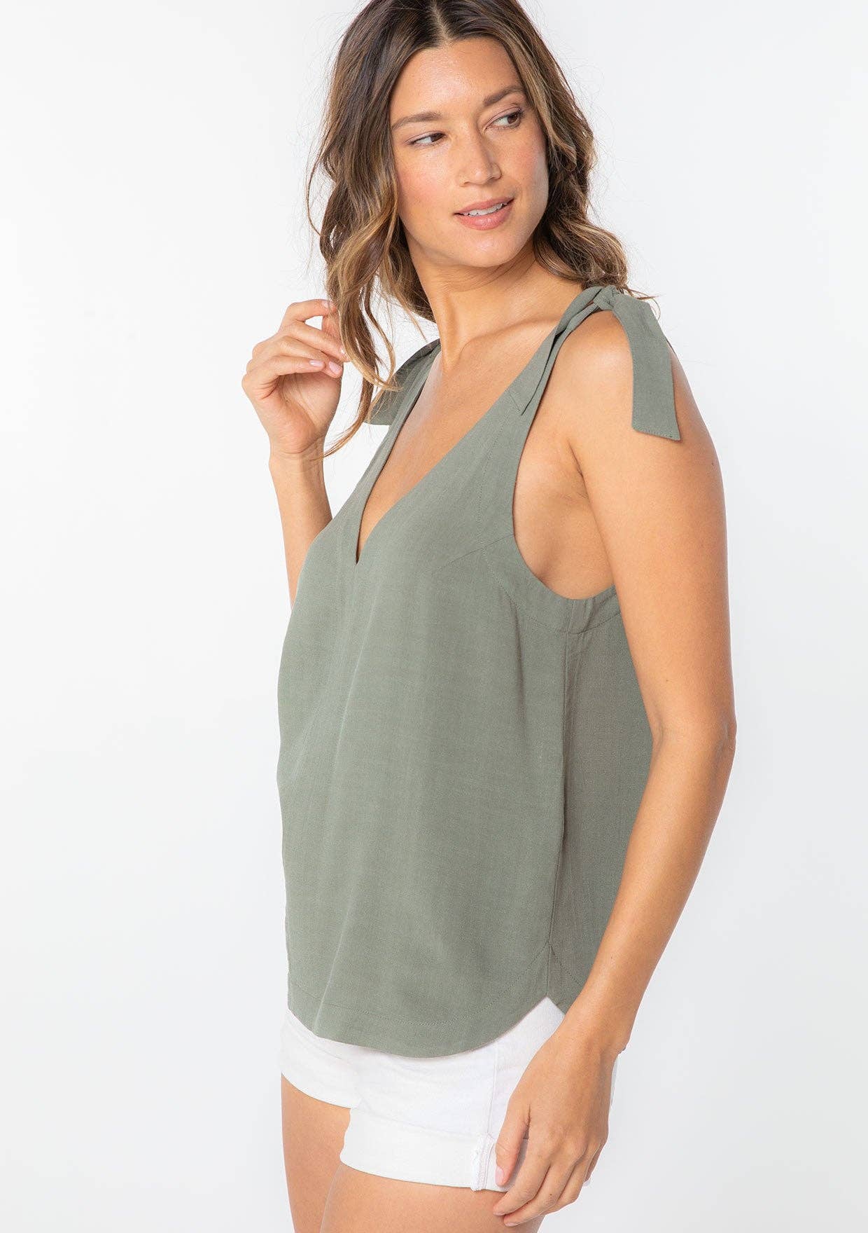 Linen Blend Double V Neck Tank Top
