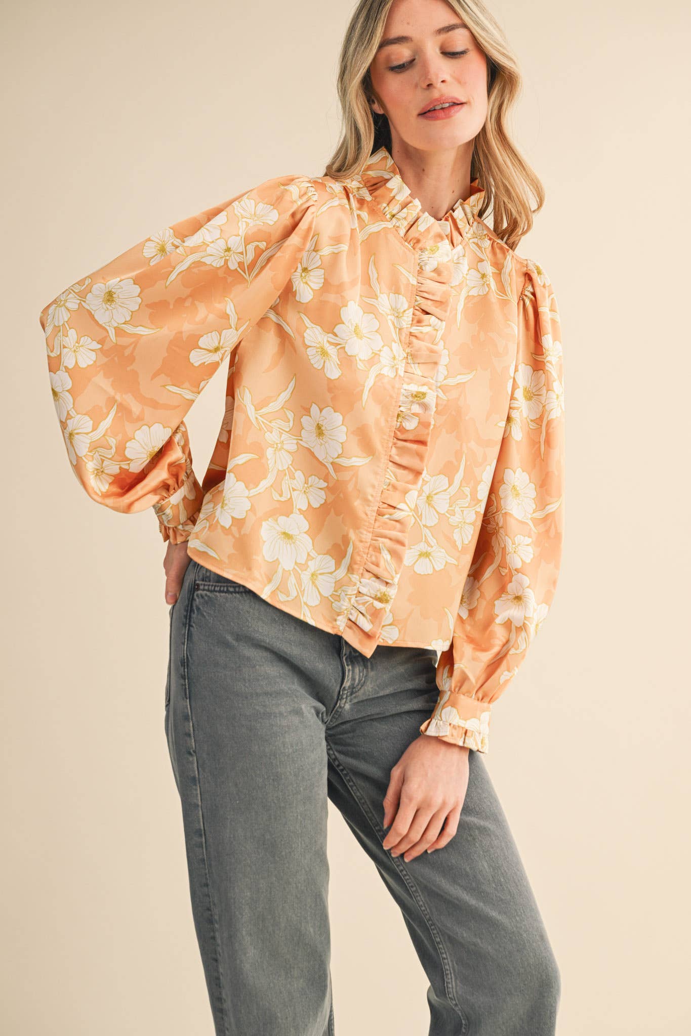 Floral Print Ruffled Button Down Top