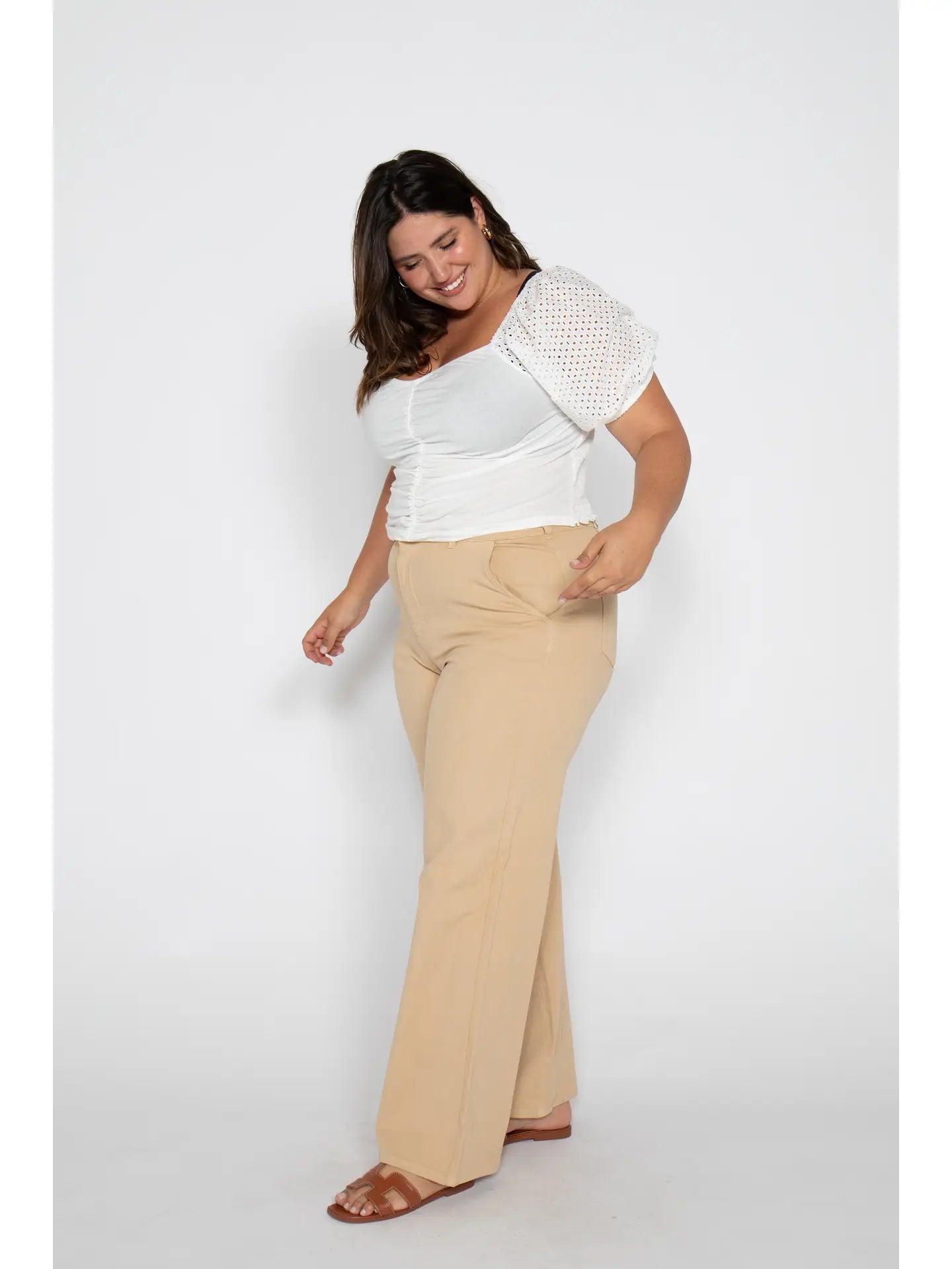 Flora Stretch High Rise Trouser, Almond Buff