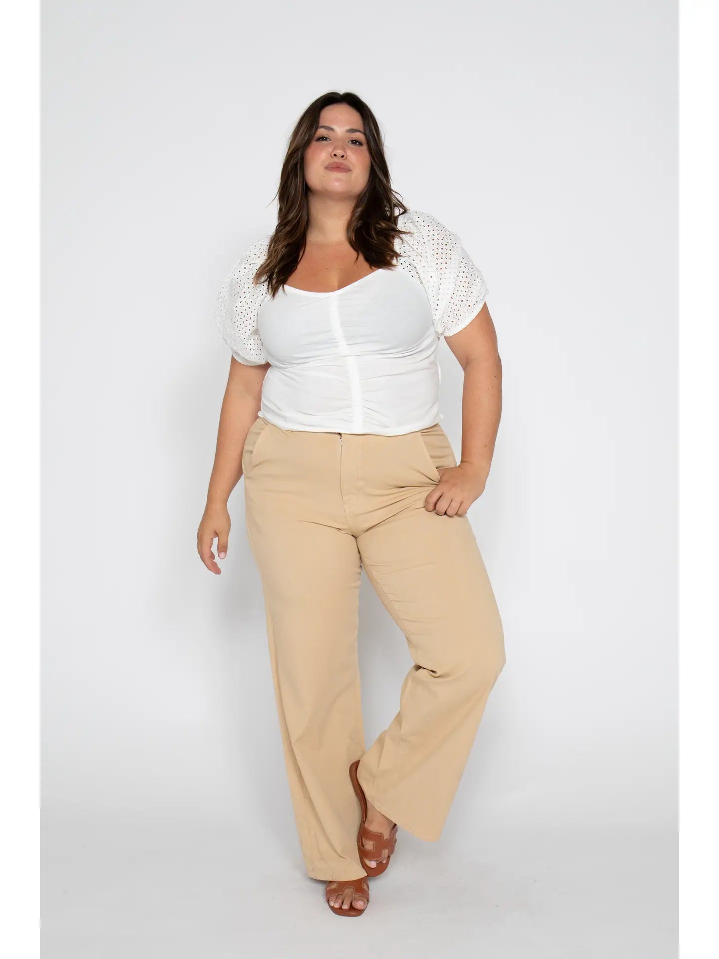 Flora Stretch High Rise Trouser, Almond Buff
