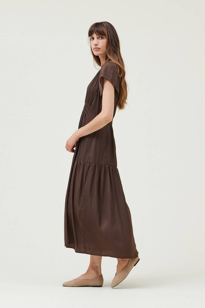 RUFFLE SATIN MIDI DRESS