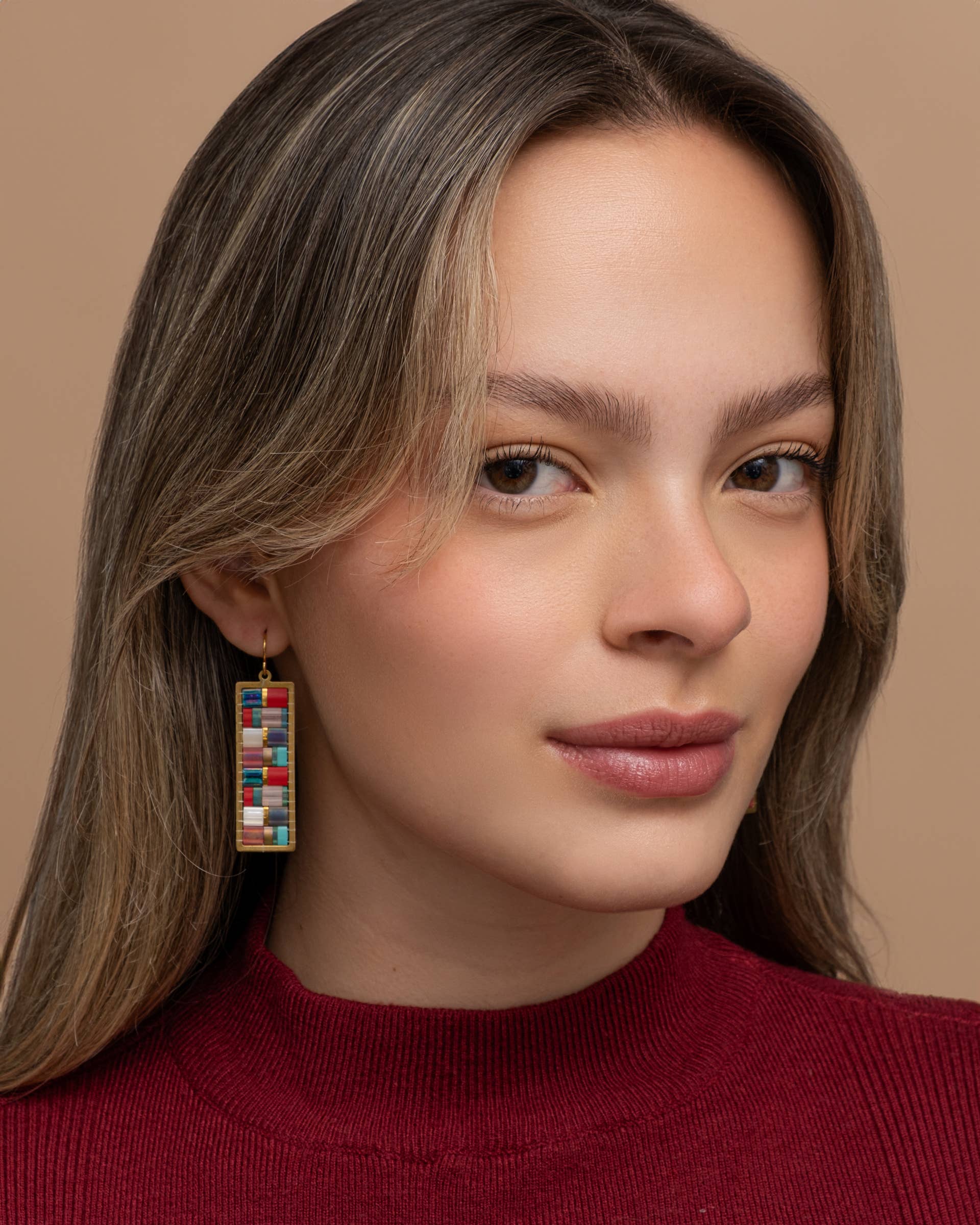 Beaded Handwoven Mosaic Tila and Brass Earrings (Aqua/Red)