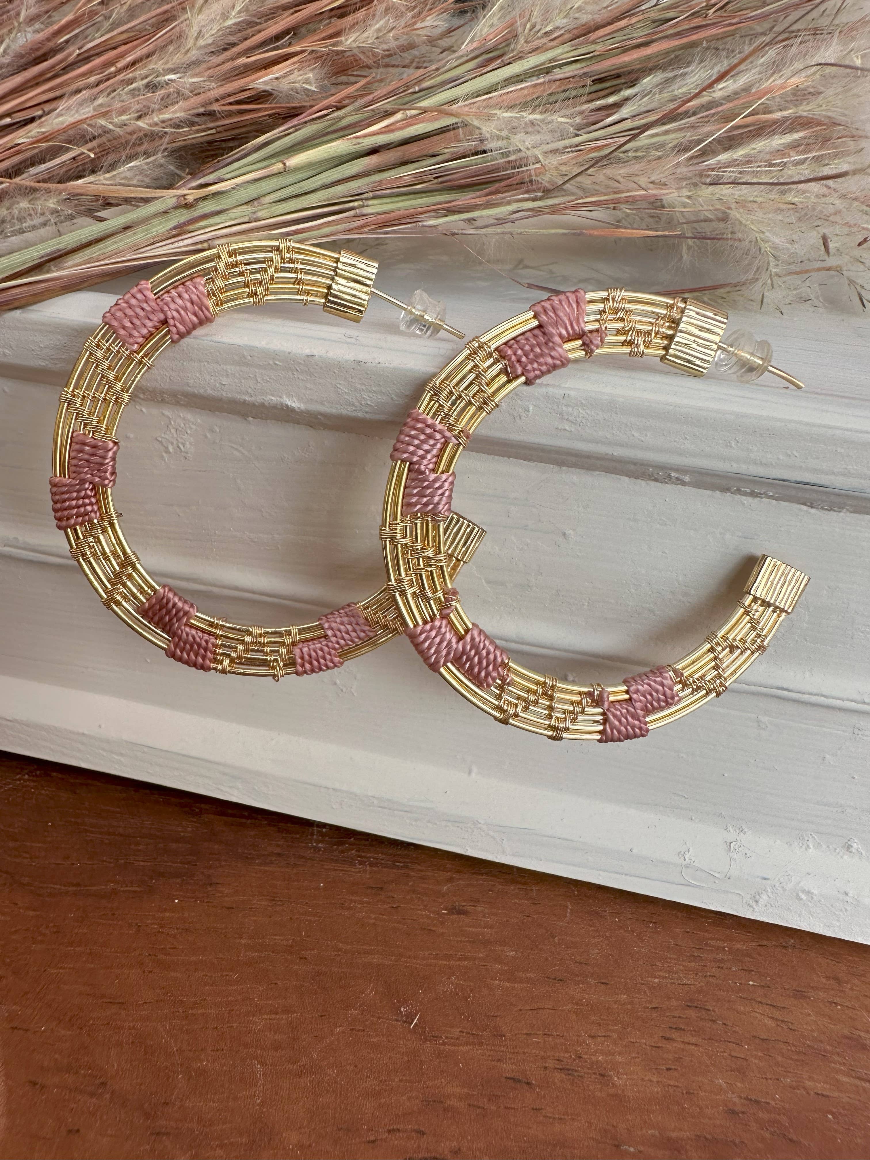 Handwoven Wire and Cord Sideview Hoop Earrings (Pink)
