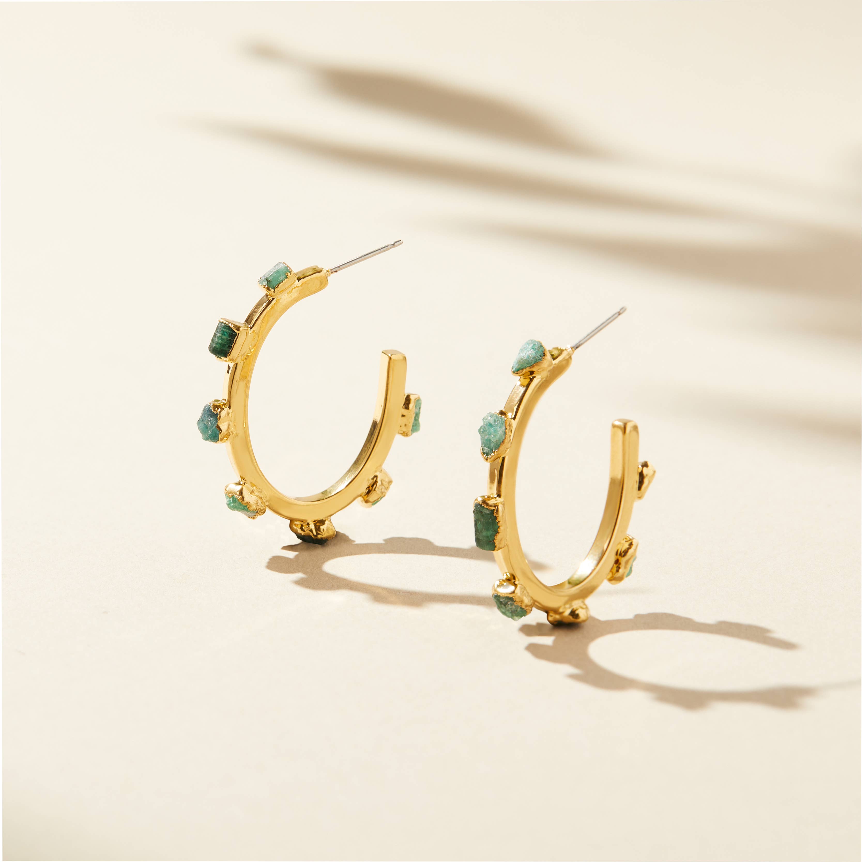 Emerald Gemstone Hoops, Raw Emerald Earrings