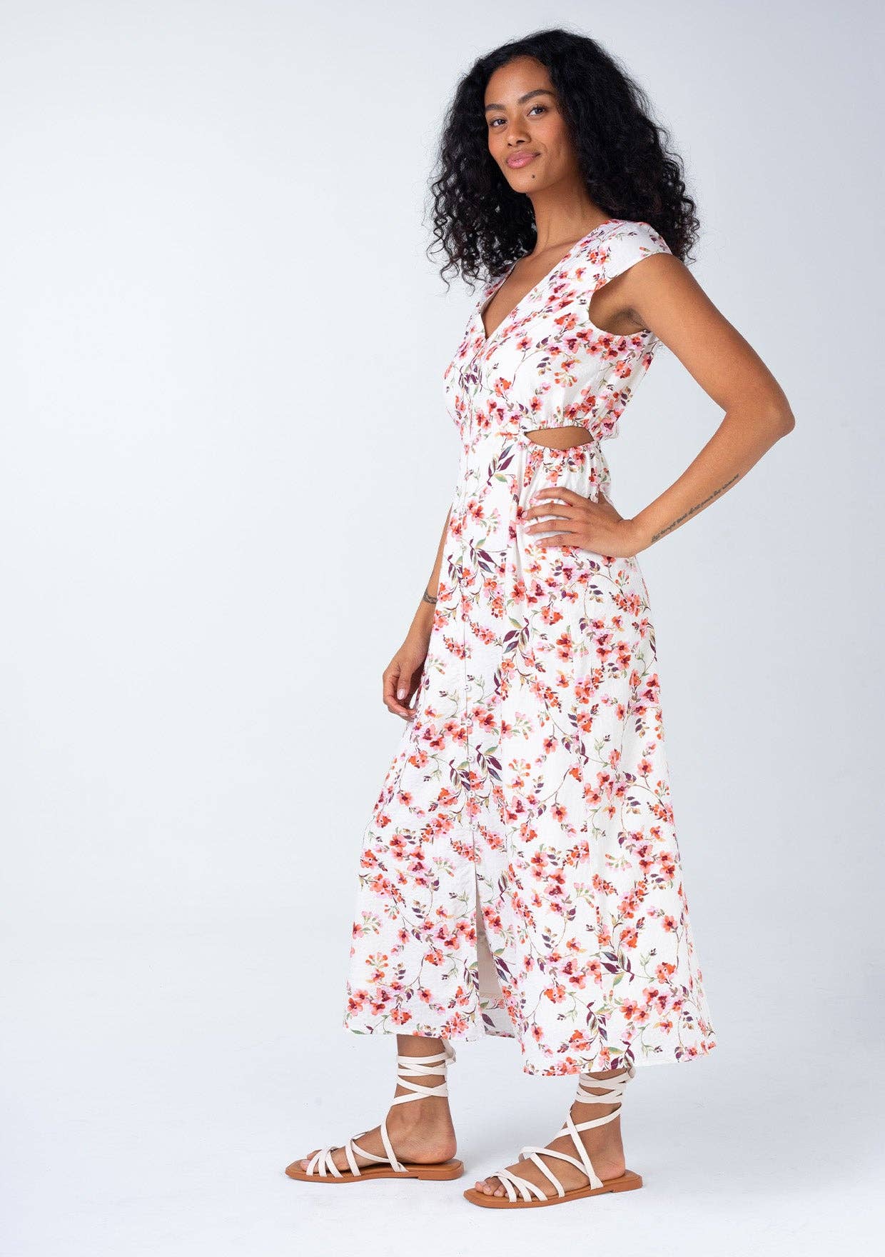 Floral Cap Sleeve Button Down Cut Out Midi Dress