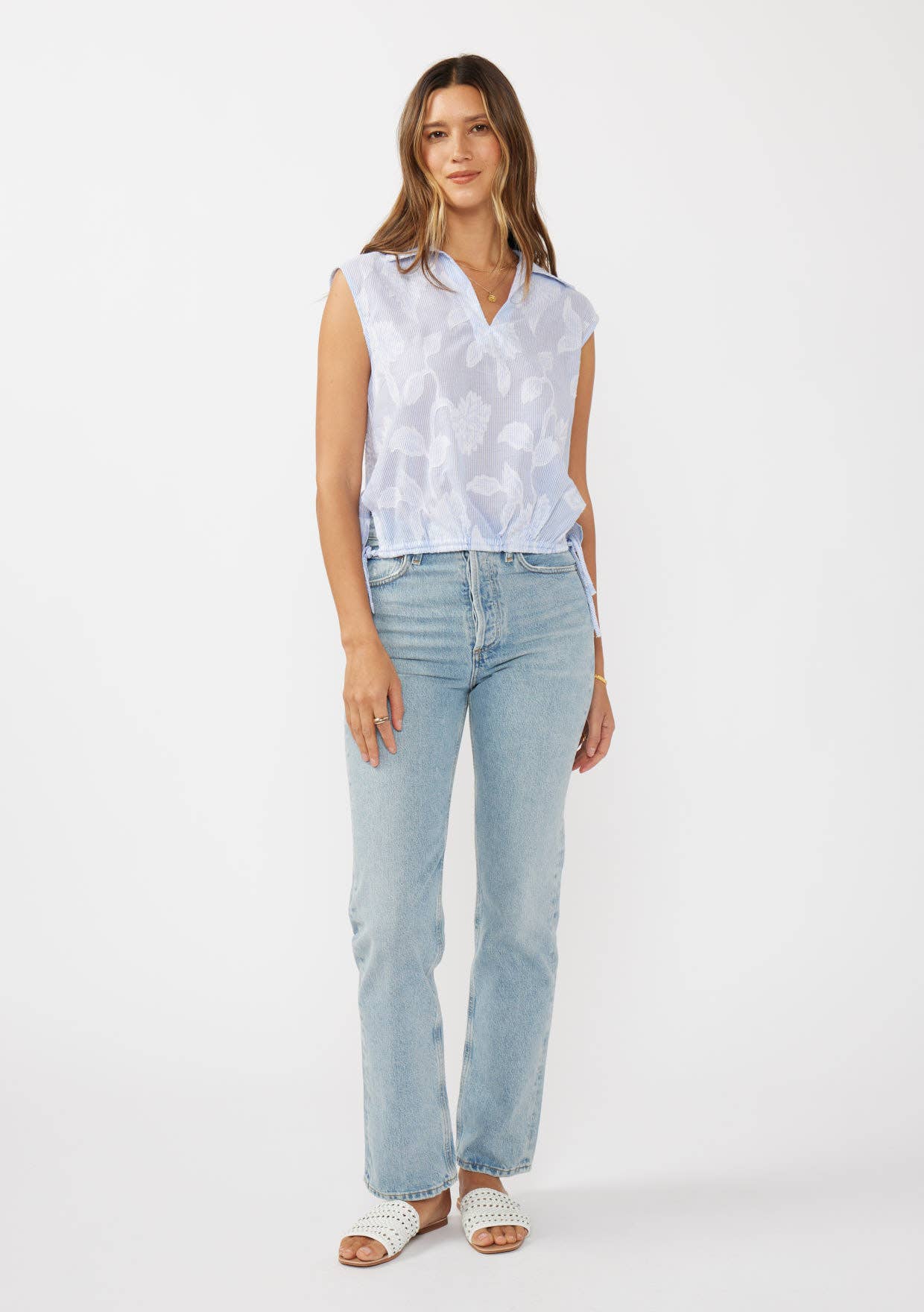 Striped Cotton V-Neck Sleeveless Blouse