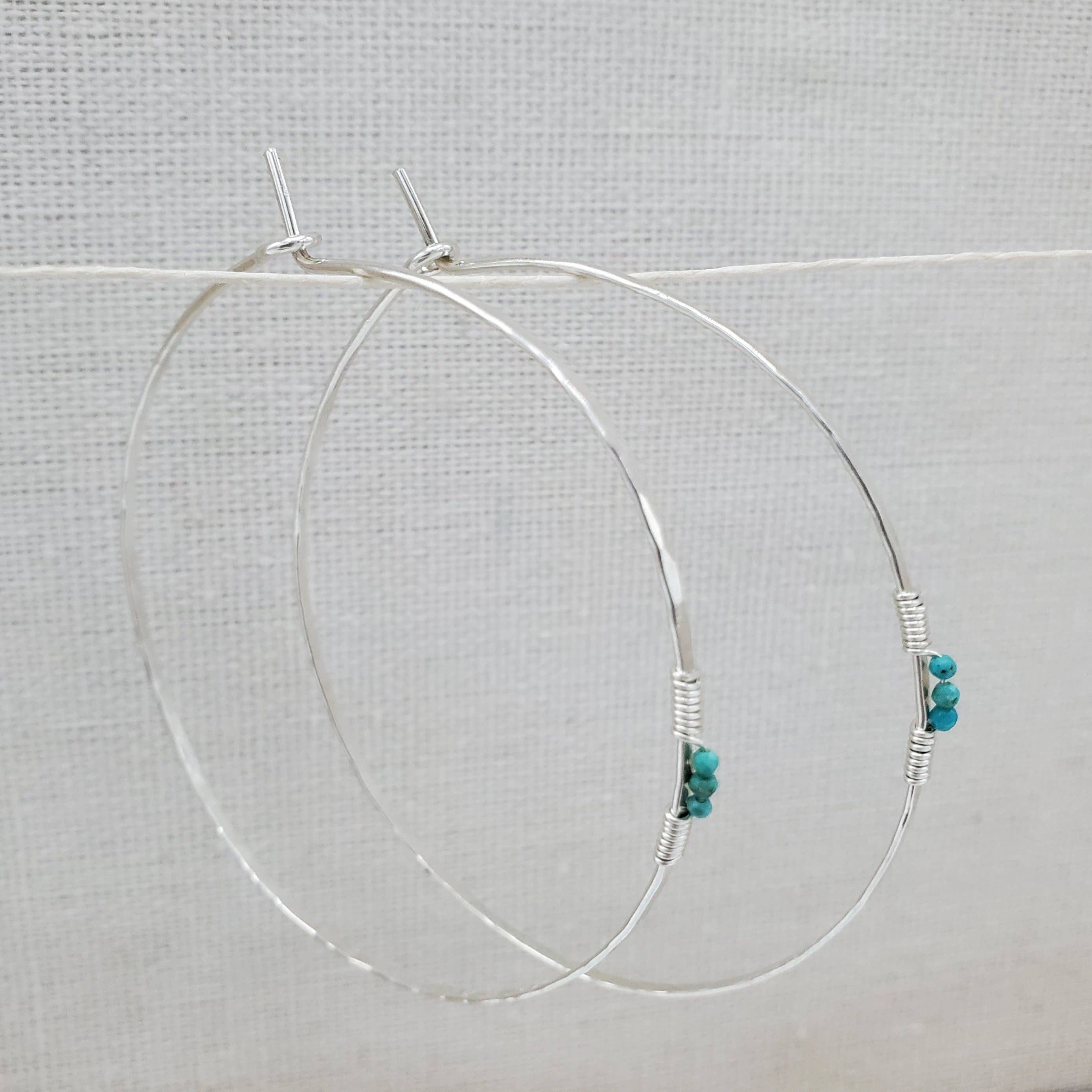 Turquoise Detail Hammered Silver Hoop Earrings