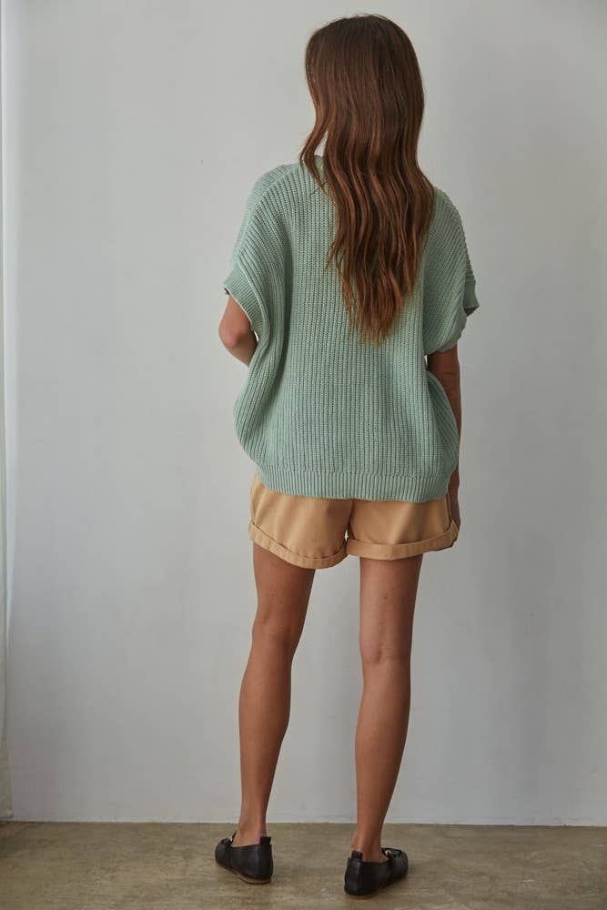 Knit Sweater Cotton Round Neck Short Sleeve Pullover