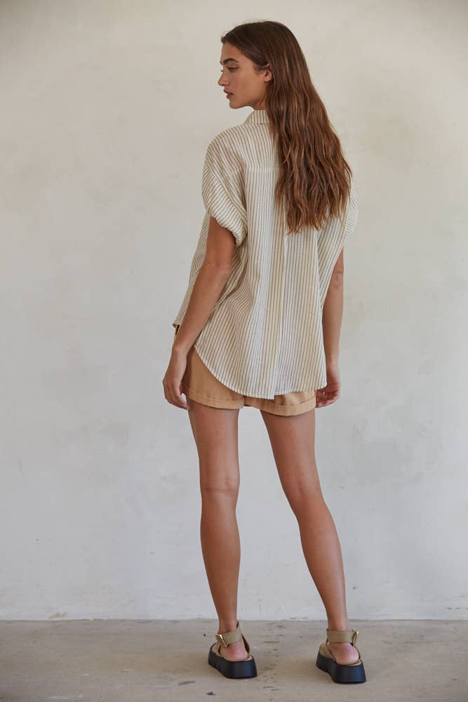 Striped Button Down Collar Neck Short Sleeve Top