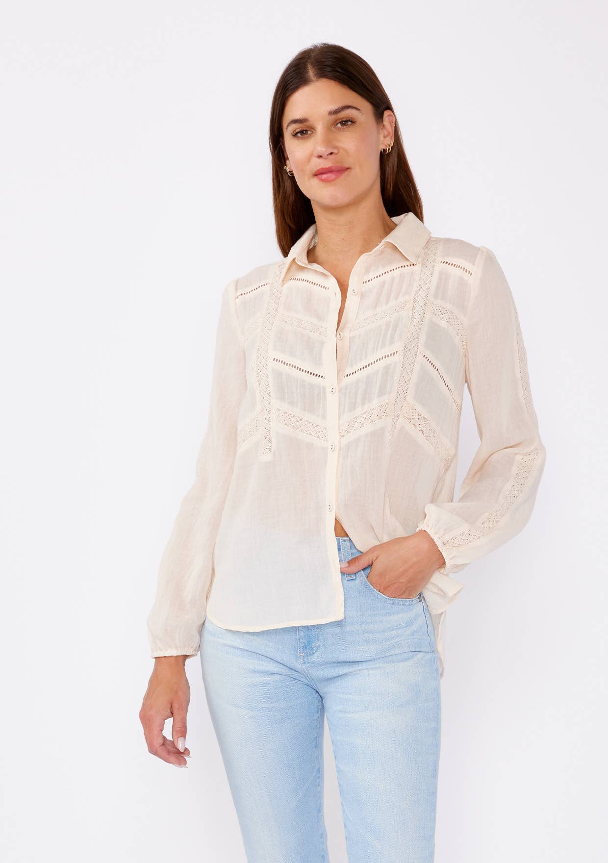 Crinkled Lace Long Sleeve Button Down Blouse