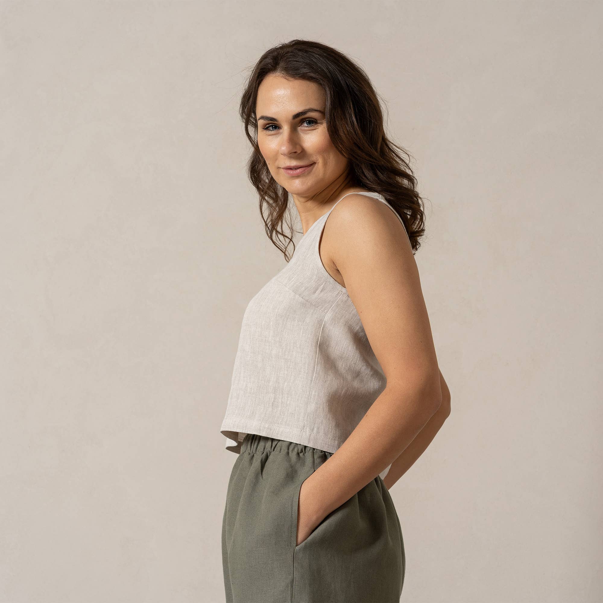 Linen Crop Top Ana White - Summer Sleeveless Linen Blouse