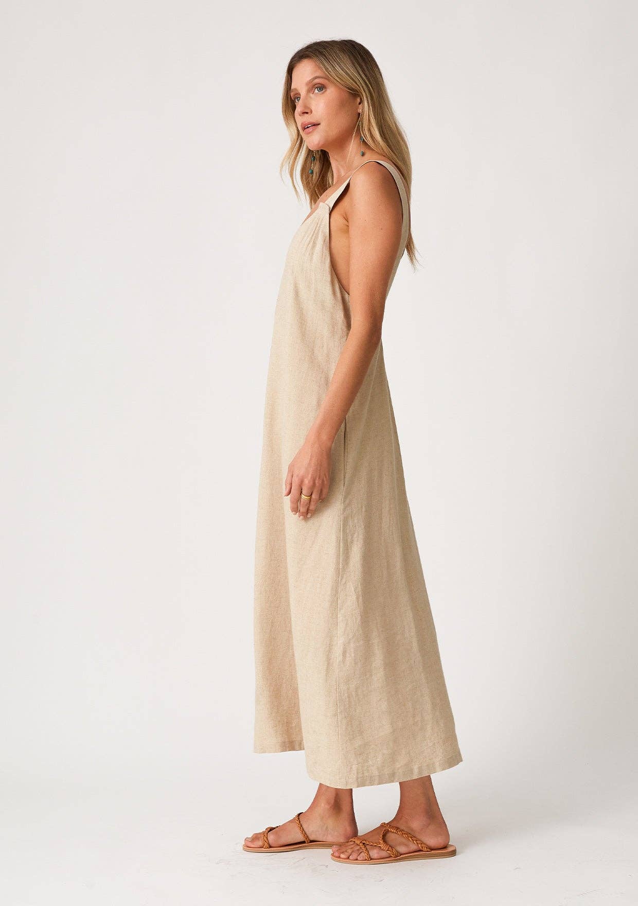 Linen Blend Sleeveless V Neck Midi Dress