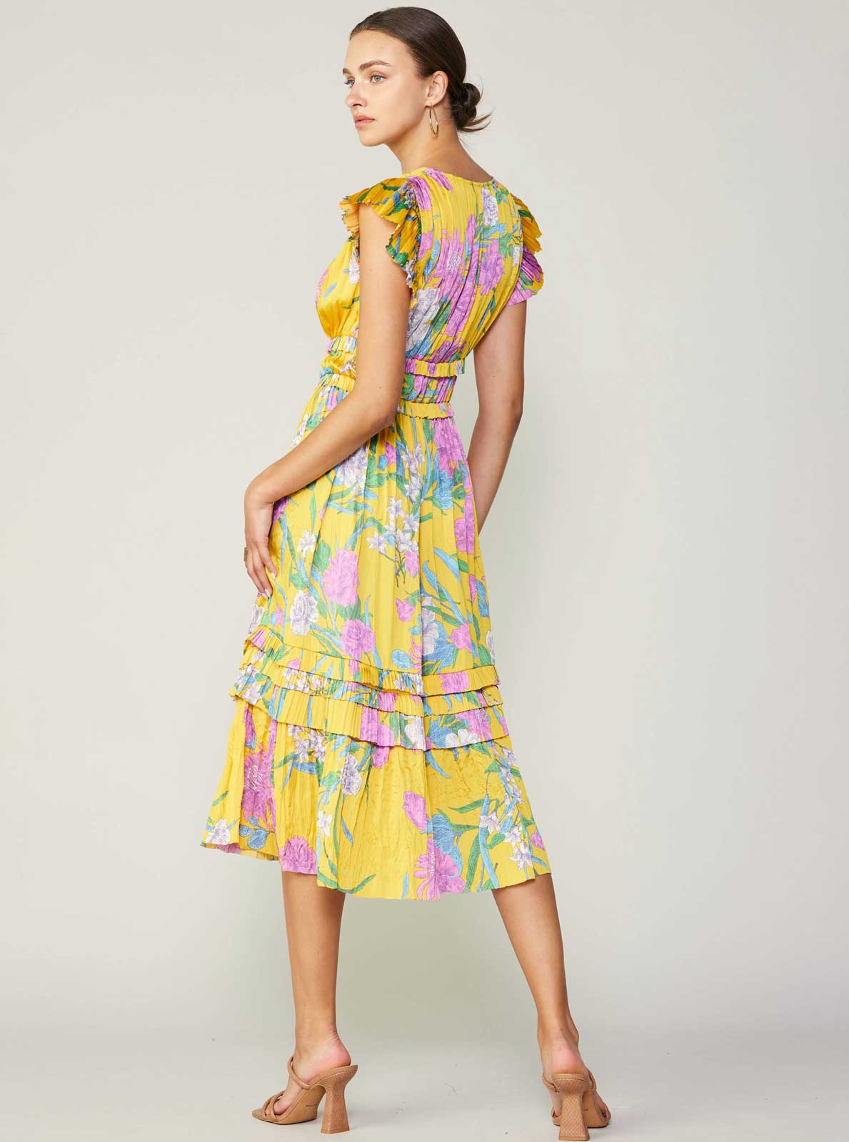 Multi Floral Print Pleated Midi Dress
