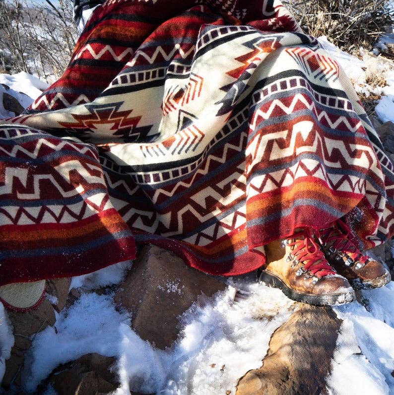 Andean Alpaca Wool Blanket - Wildfire - Red/Cream