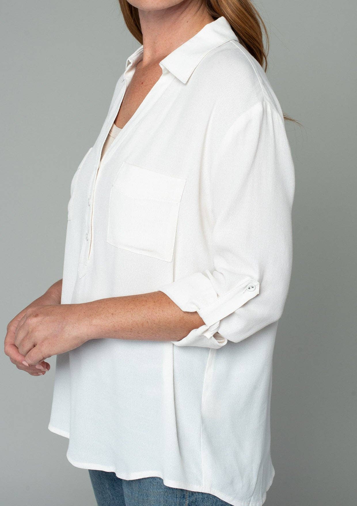 Collared Roll-Up Long Sleeve Button Front Blouse
