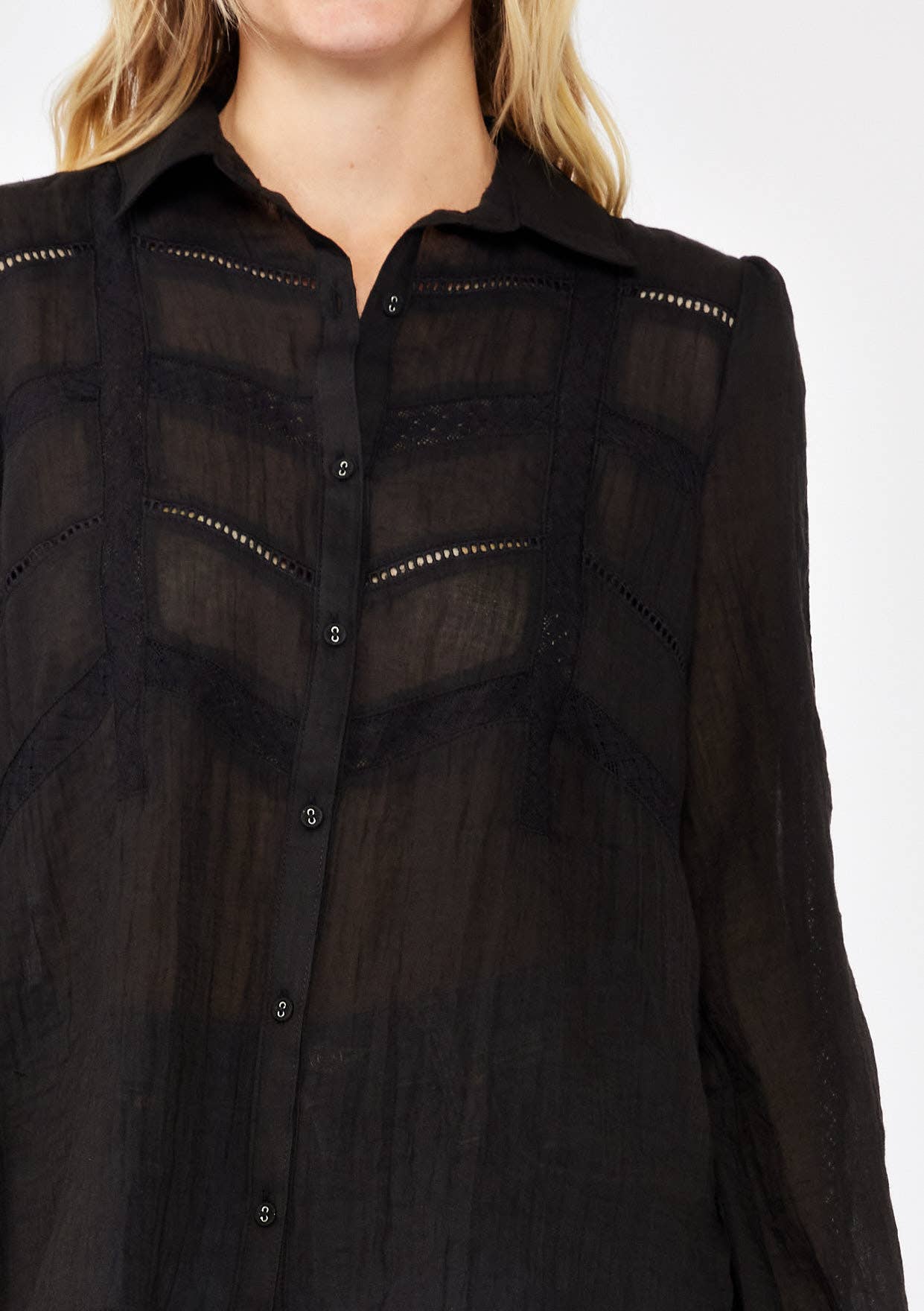 Crinkled Lace Long Sleeve Button Down Blouse