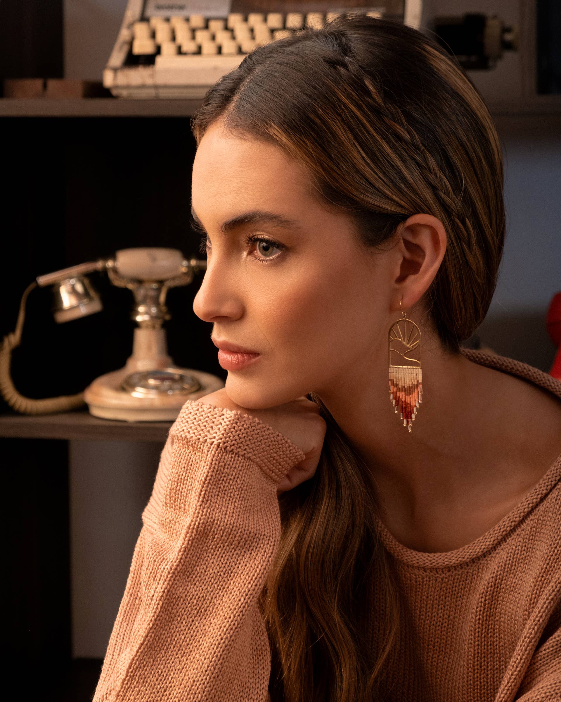 Beaded Handwoven Sedona Sunset Fringe Earrings (Rust/Salmon)