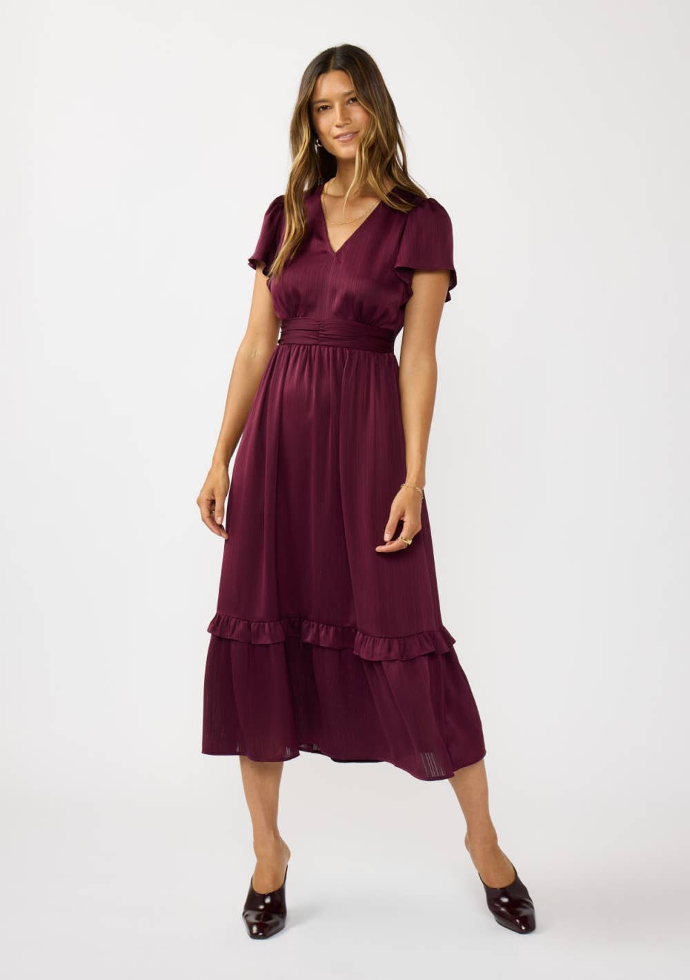 Flutter Sleeve V-Neck Midi Dress