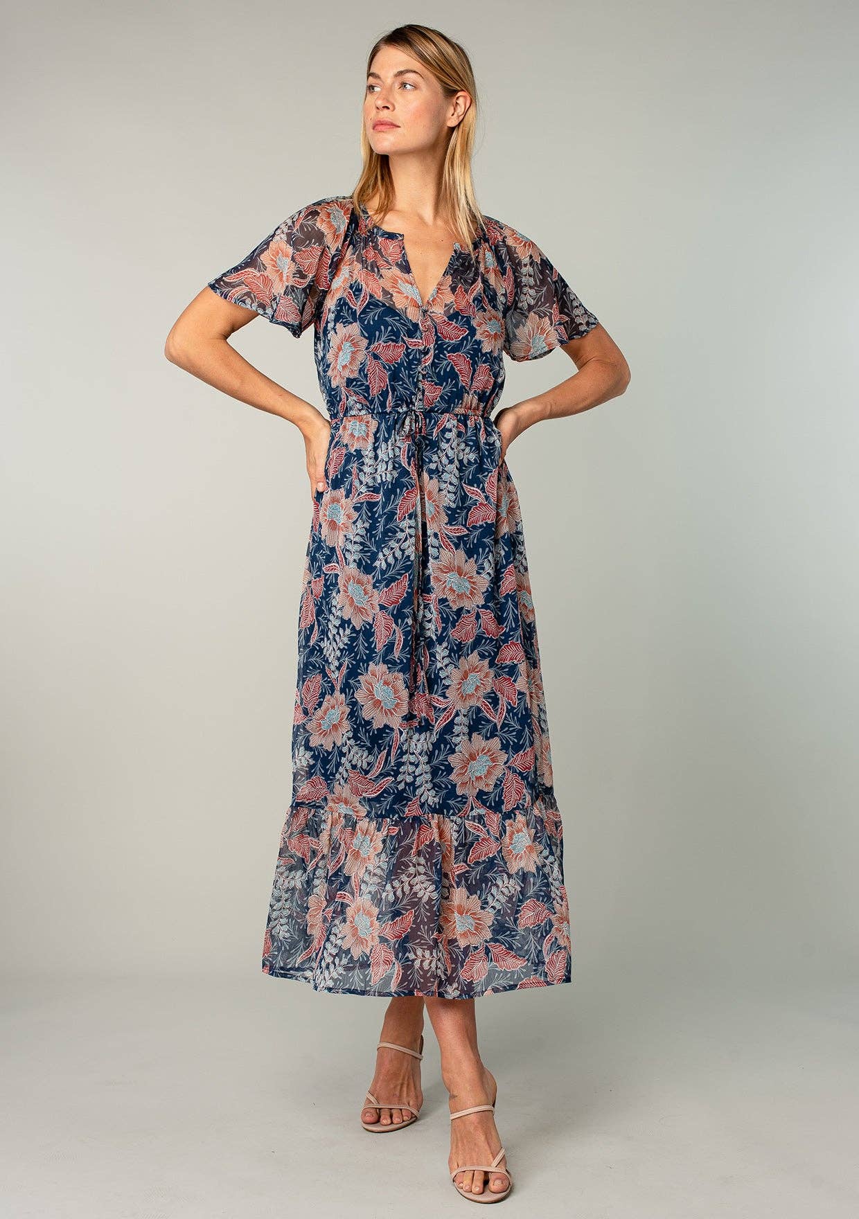 Floral Chiffon Flutter Sleeve Tiered Maxi Dress
