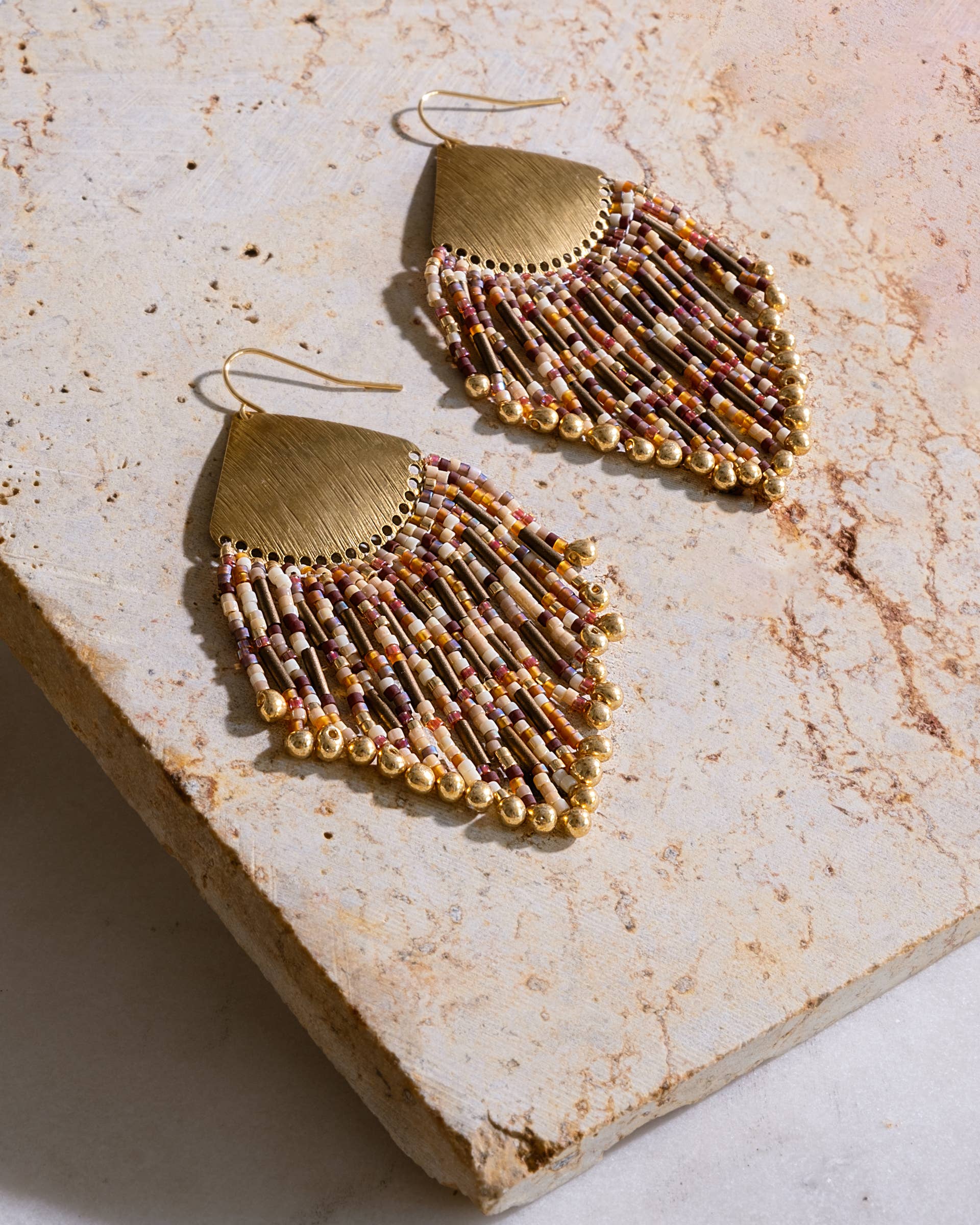 Beaded Handwoven Confetti Fringe Earrings (Neutral)