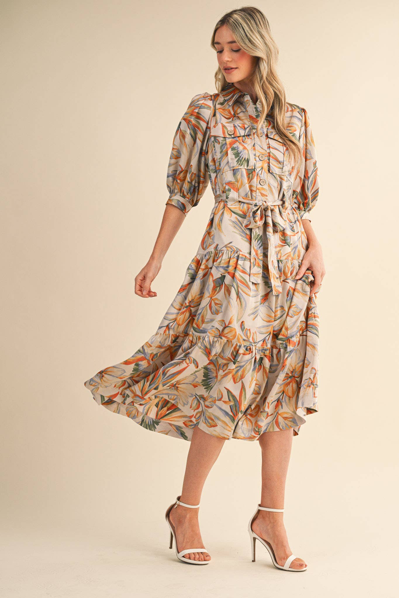 Button Down Tiered Midi Dress