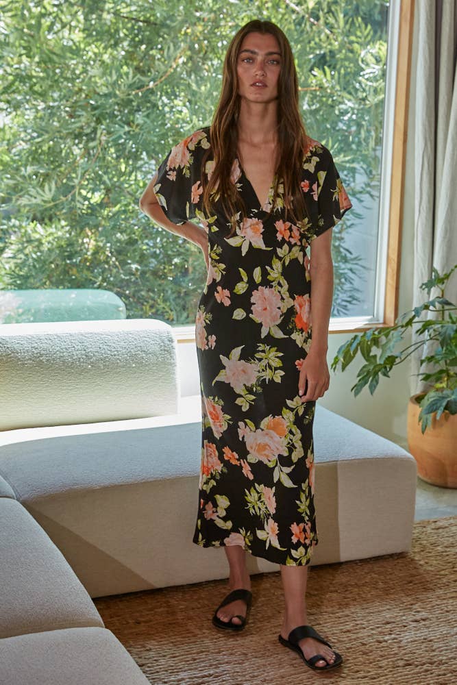 Floral Print Plunged V-Neck Midi Pencil Dress