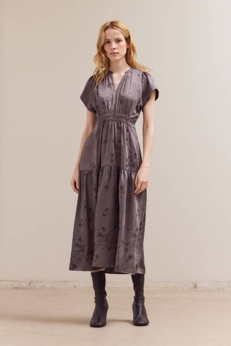 PRINTED RUFFLE MIDI DRESS