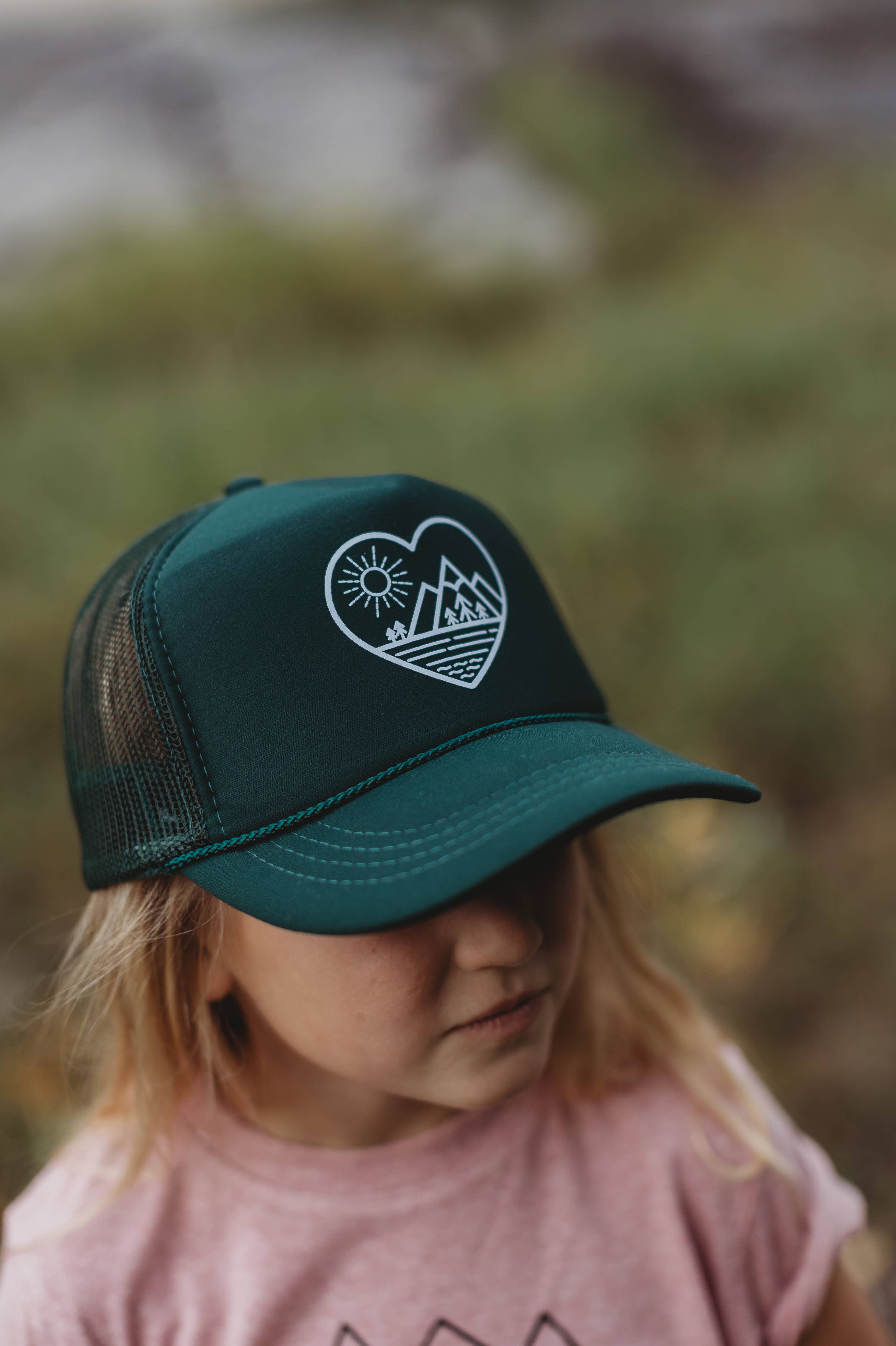 Kid MTN Love Trucker Hat: Dark Green