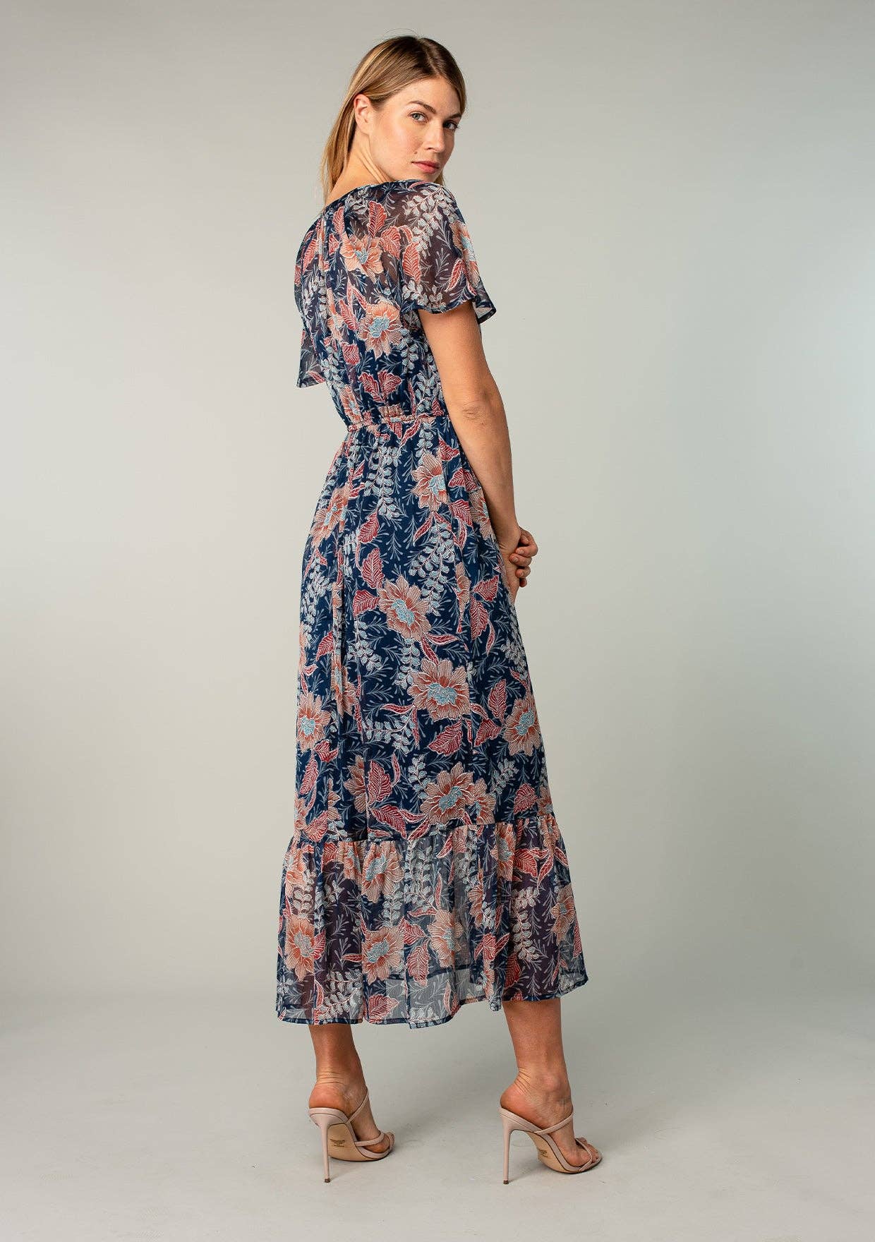 Floral Chiffon Flutter Sleeve Tiered Maxi Dress