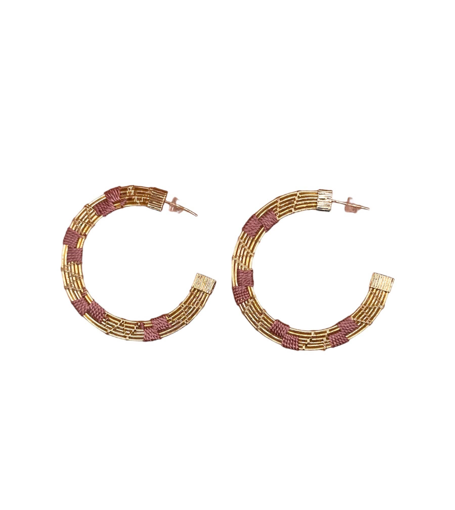 Handwoven Wire and Cord Sideview Hoop Earrings (Pink)