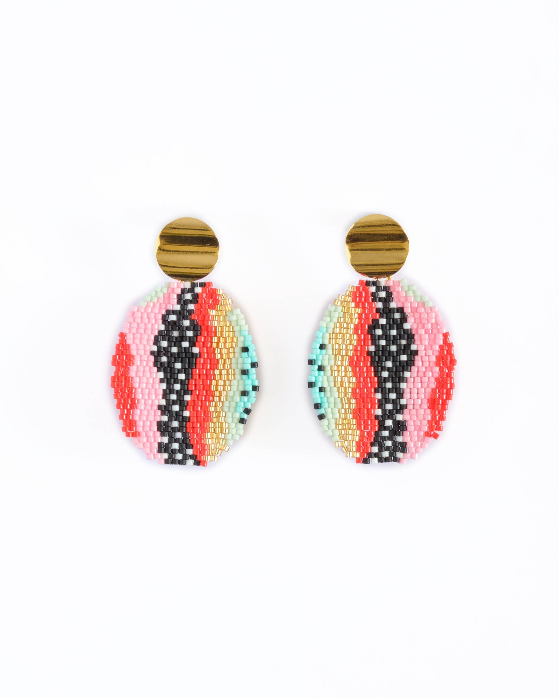 Beaded Handwoven Organic Oval Drop Earrings (Red)