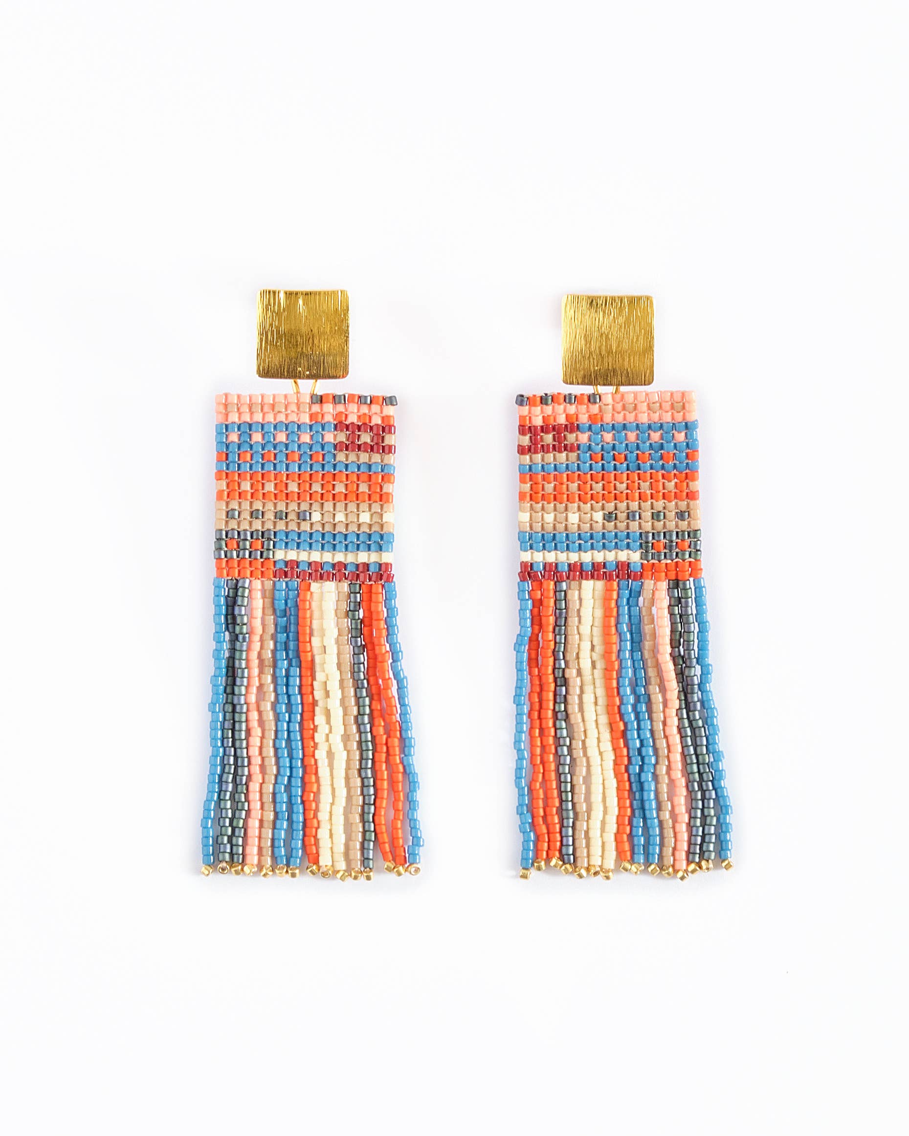 Beaded Handwoven Striped Knit Fringe Earrings (Ocean Sunset)