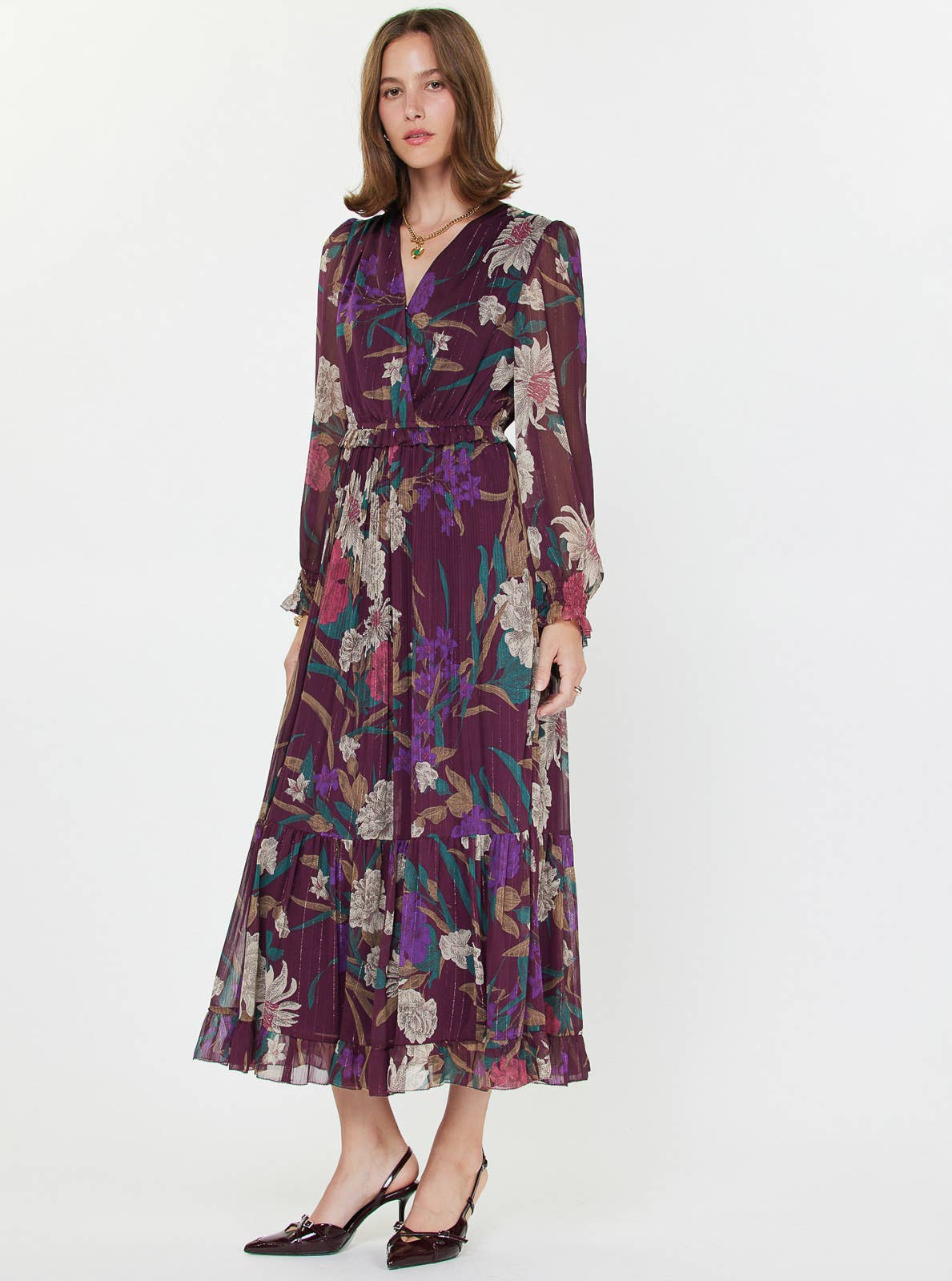 Floral Surplice Pleated Maxi Dress