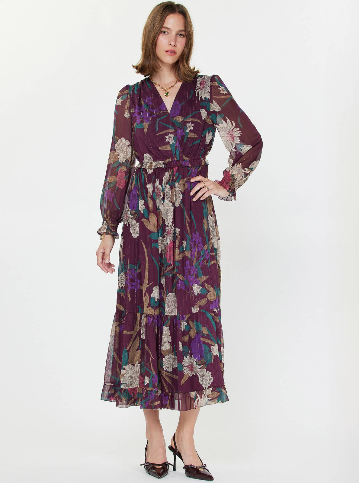 Floral Surplice Pleated Maxi Dress