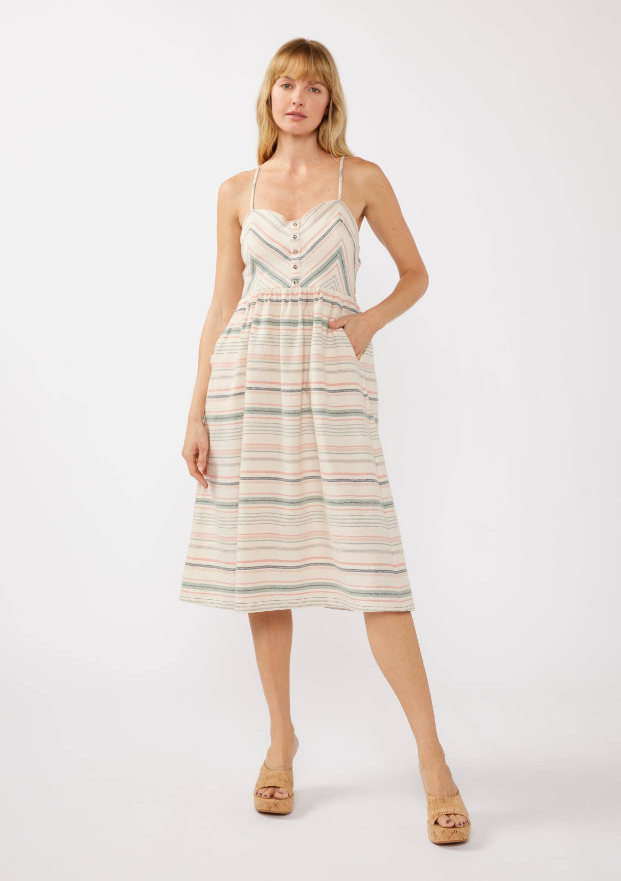 Yarn-Dye Sleeveless Button Up Midi Dress